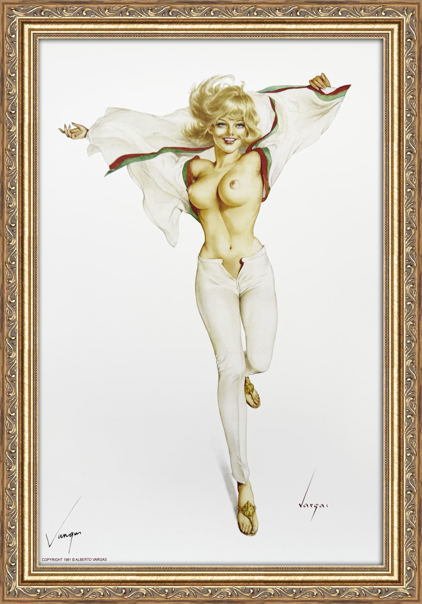 Alberto Vargas Signed "Sorry I'm late. Did I hold up the game?" Playboy August 1967: This 11" x 17" Alberto Vargas pin-up print was created between 1979 and 1984 at a store called The Pin-up Shop in Las Vegas—a specialty boutique backed by Playboy President Derrick J. Daniels as a k