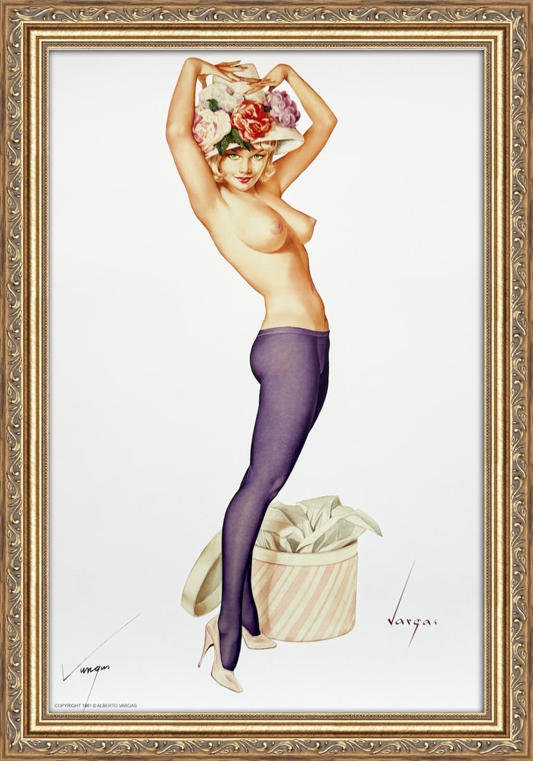 Alberto Vargas Signed "Darling it's My Hat I Want Your Opinion On" Vargas Girl Playboy April 1963: This 11" x 17" Alberto Vargas pin-up print was created between 1979 and 1984 at a store called The Pin-up Shop in Las Vegas—a specialty boutique backed by Playboy President Derrick J. Daniels as a k