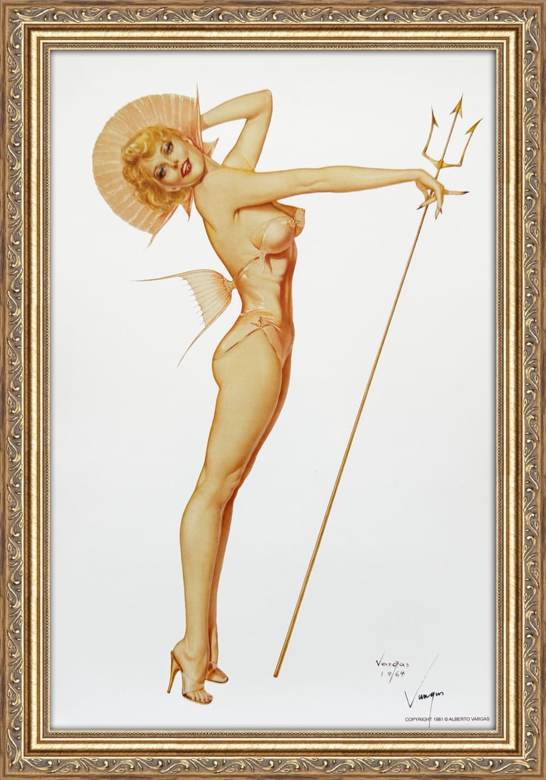 Alberto Vargas Signed "Queen of the Sea" circa 1950: This 11" x 17" Alberto Vargas pin-up print was created between 1979 and 1984 at a store called The Pin-up Shop in Las Vegas—a specialty boutique backed by Playboy President Derrick J. Daniels as a k