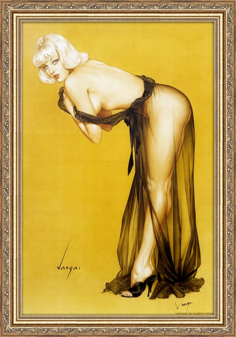 Alberto Vargas Signed "Please Don't Peek Until I Finish Dressing" Playboy September 1962: This 11" x 17" Alberto Vargas pin-up print was created between 1979 and 1984 at a store called The Pin-up Shop in Las Vegas—a specialty boutique backed by Playboy President Derrick J. Daniels as a k