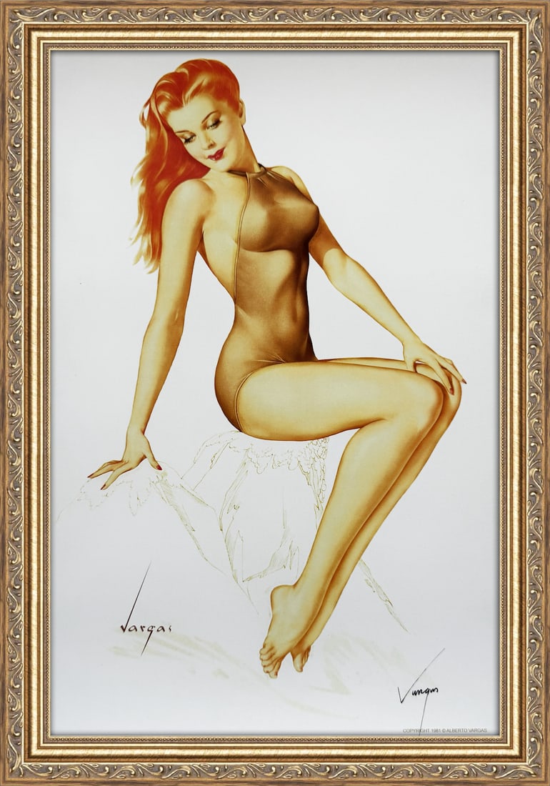 Alberto Vargas Signed Esquire calendar illustration February 1946: This 11" x 17" Alberto Vargas pin-up print was created between 1979 and 1984 at a store called The Pin-up Shop in Las Vegas—a specialty boutique backed by Playboy President Derrick J. Daniels as a k