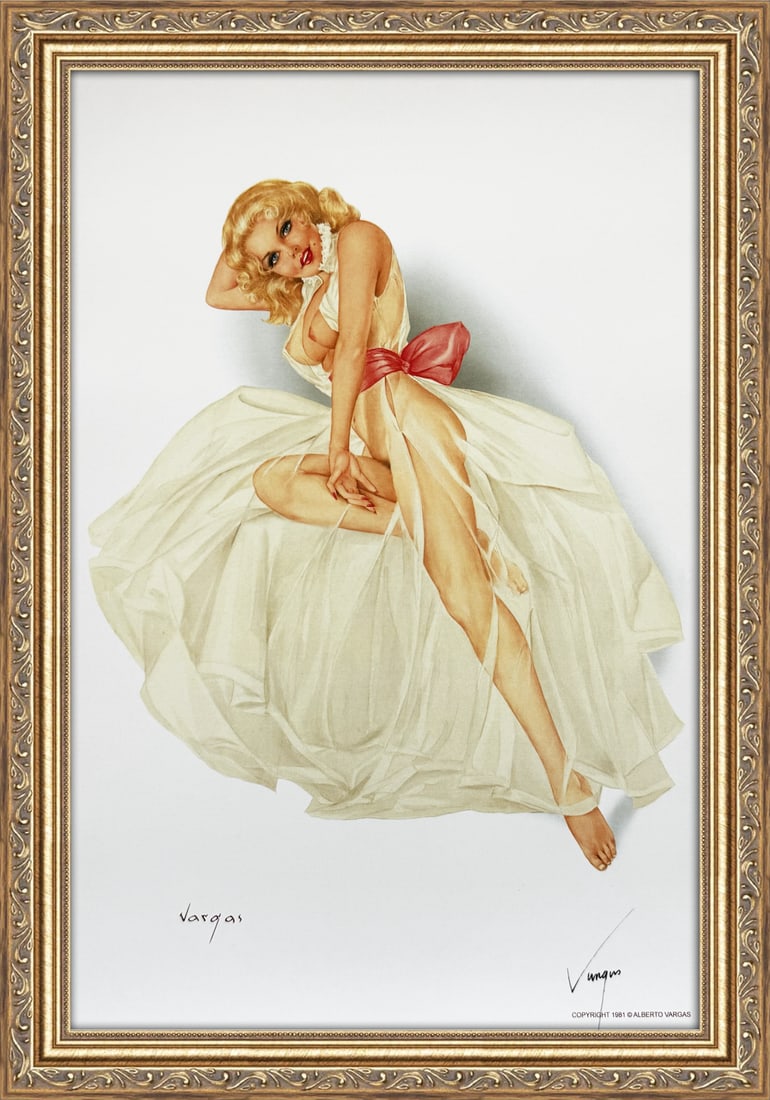 Alberto Vargas Signed "Pink Sash": This 11" x 17" Alberto Vargas pin-up print was created between 1979 and 1984 at a store called The Pin-up Shop in Las Vegas—a specialty boutique backed by Playboy President Derrick J. Daniels as a k