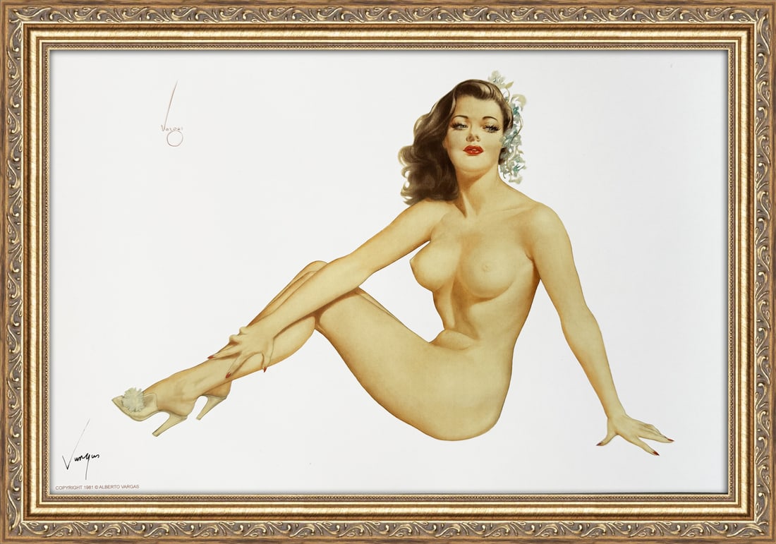 Alberto Vargas Signed Nude in Shoes with Flowers in Hair: This 11" x 17" Alberto Vargas pin-up print was created between 1979 and 1984 at a store called The Pin-up Shop in Las Vegas—a specialty boutique backed by Playboy President Derrick J. Daniels as a k