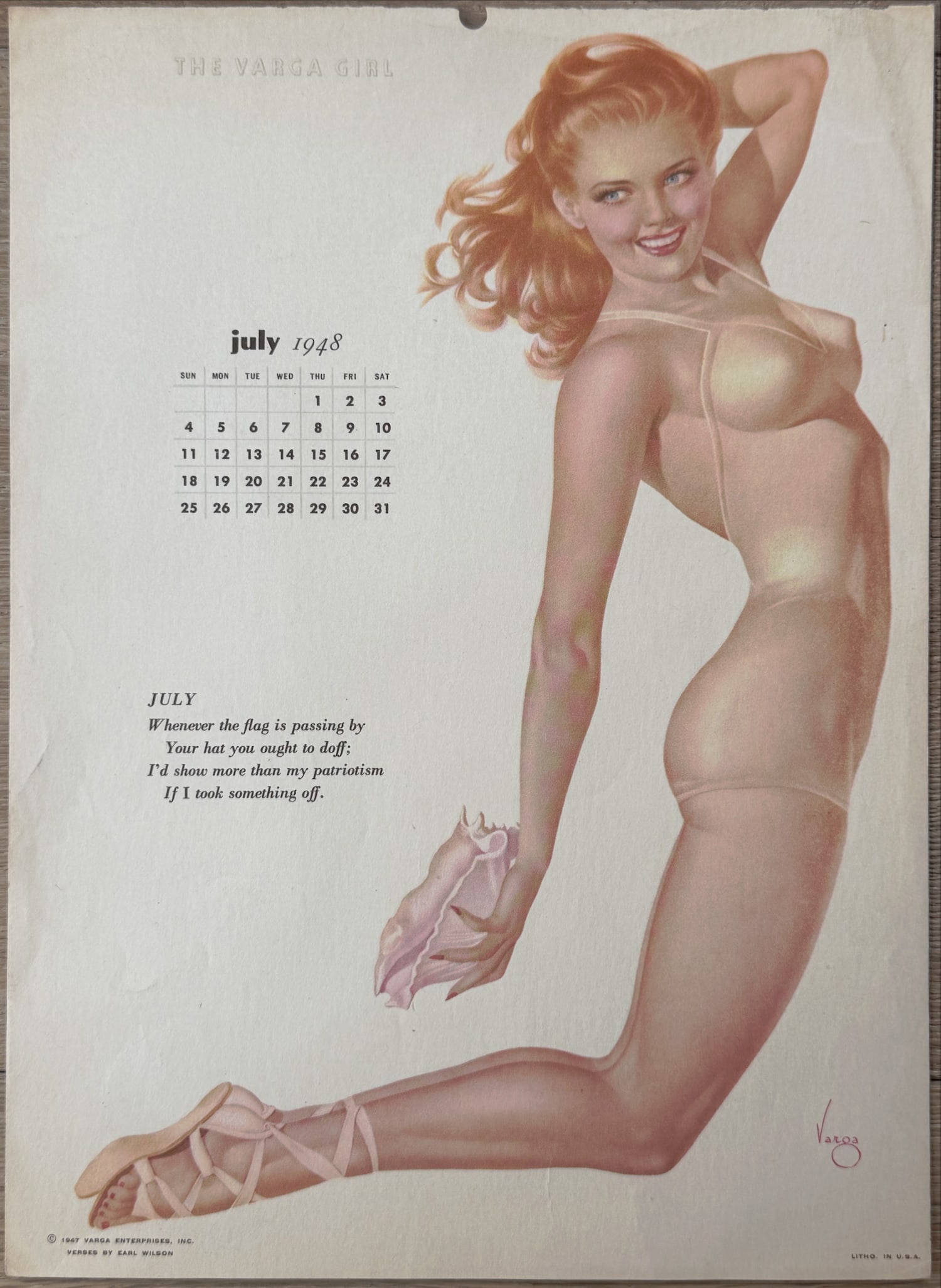 Alberto Vargas Artist Proof "The Varga Girl" July 1948 Calendar: This is an artist proof from The Vargas Estate and was used while he was creating his famous calendars.