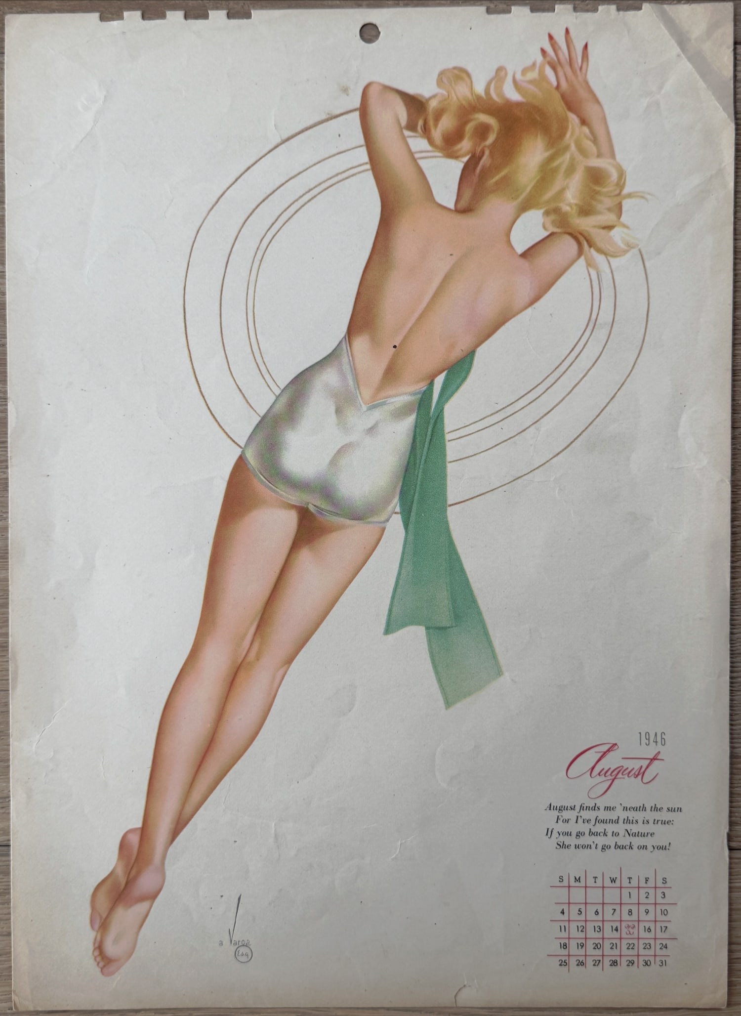 Alberto Vargas Artist Proof "The Varga Girl" August 1946 Calendar: This is an artist proof from The Vargas Estate and was used while he was creating his famous calendars.