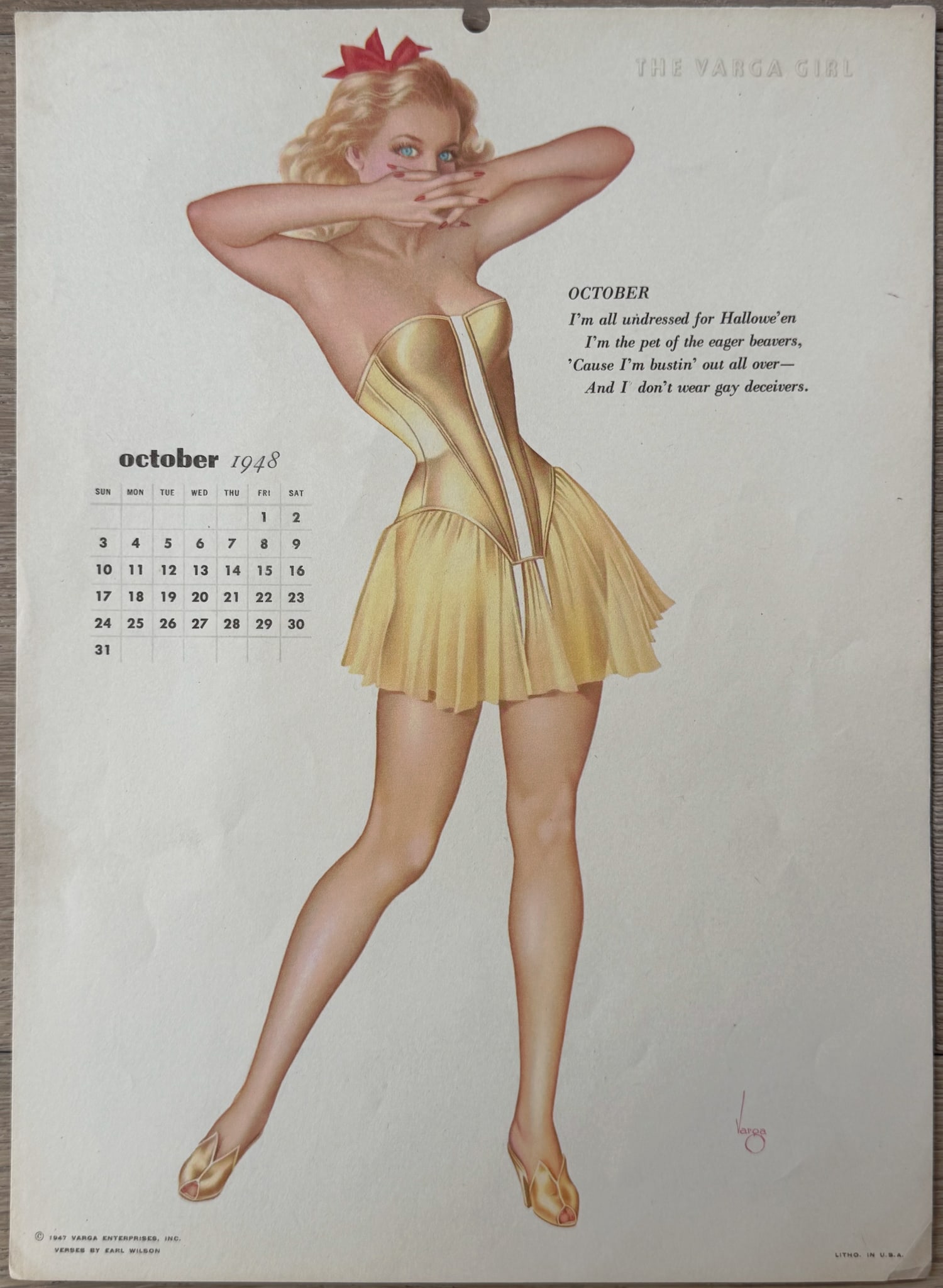 Alberto Vargas Artist Proof "The Varga Girl" October 1948 Calendar: This is an artist proof from The Vargas Estate and was used while he was creating his famous calendars.