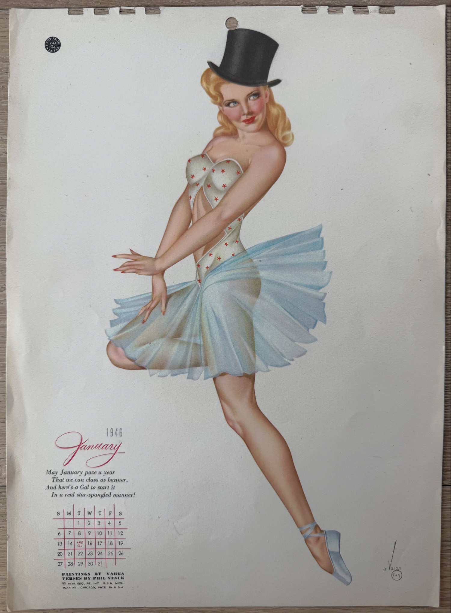 Alberto Vargas Artist Proof "The Varga Girl" January 1946 Calendar: This is an artist proof from The Vargas Estate and was used while he was creating his famous calendars.