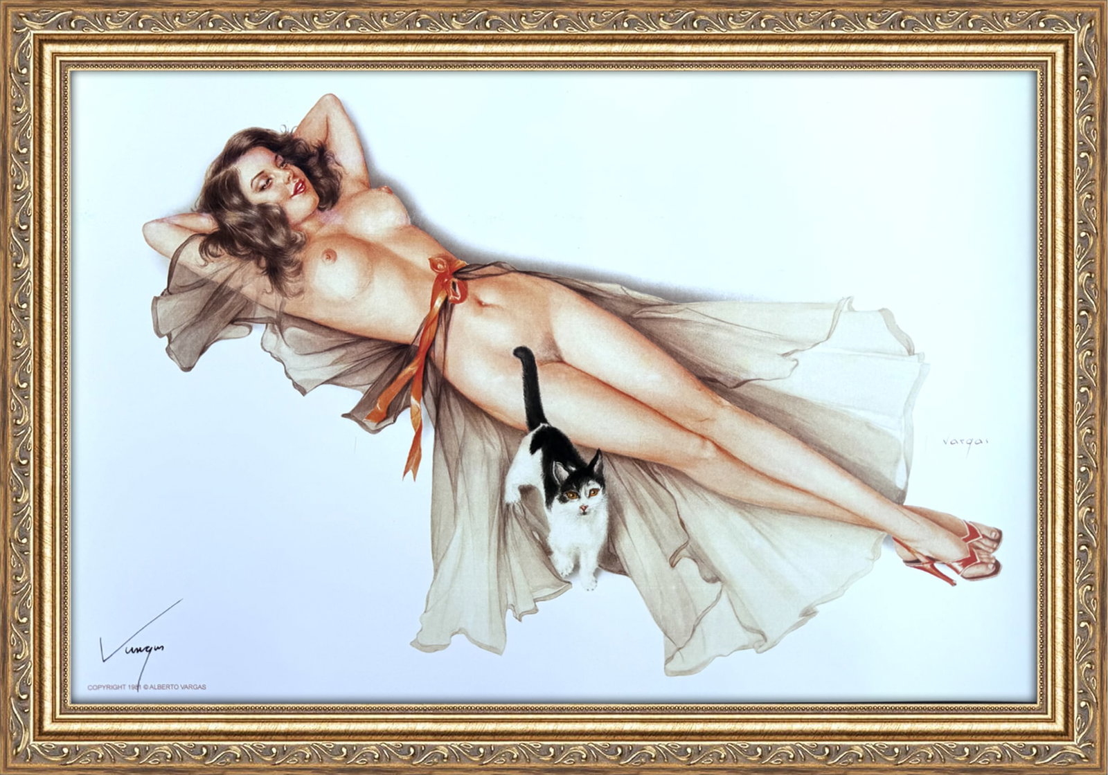 Alberto Vargas Signed Print Of A Girl And Her Cat: This 11" x 17" Alberto Vargas pin-up print was created between 1979 and 1984 at a store called The Pin-up Shop in Las Vegas—a specialty boutique backed by Playboy President Derrick J. Daniels as a k