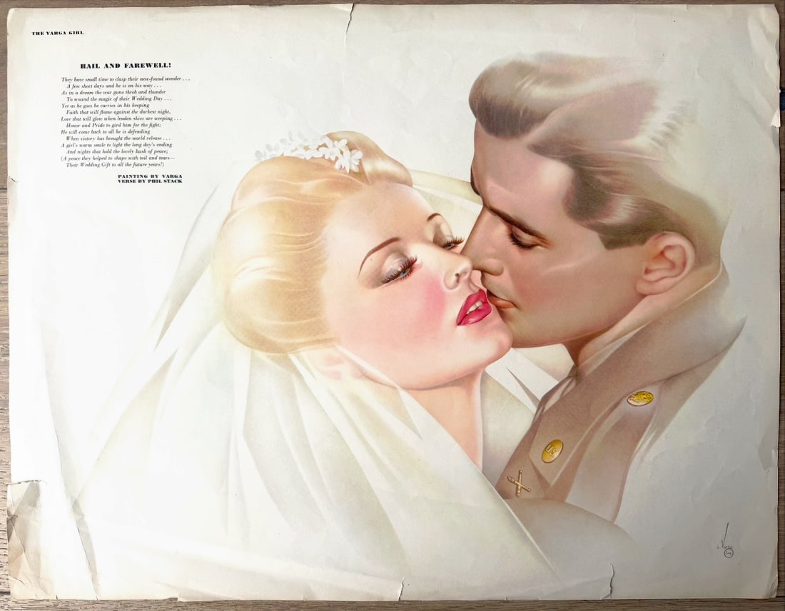 Alberto Vargas Esquire Artist Proof "Hail And Fairwell": Romantic Alberto Vargas masterpiece from Esquire magazine — a beautiful blonde bride in a white veil sharing a tender kiss with her uniformed soldier groom. Classic WWII-era sentiment with signature