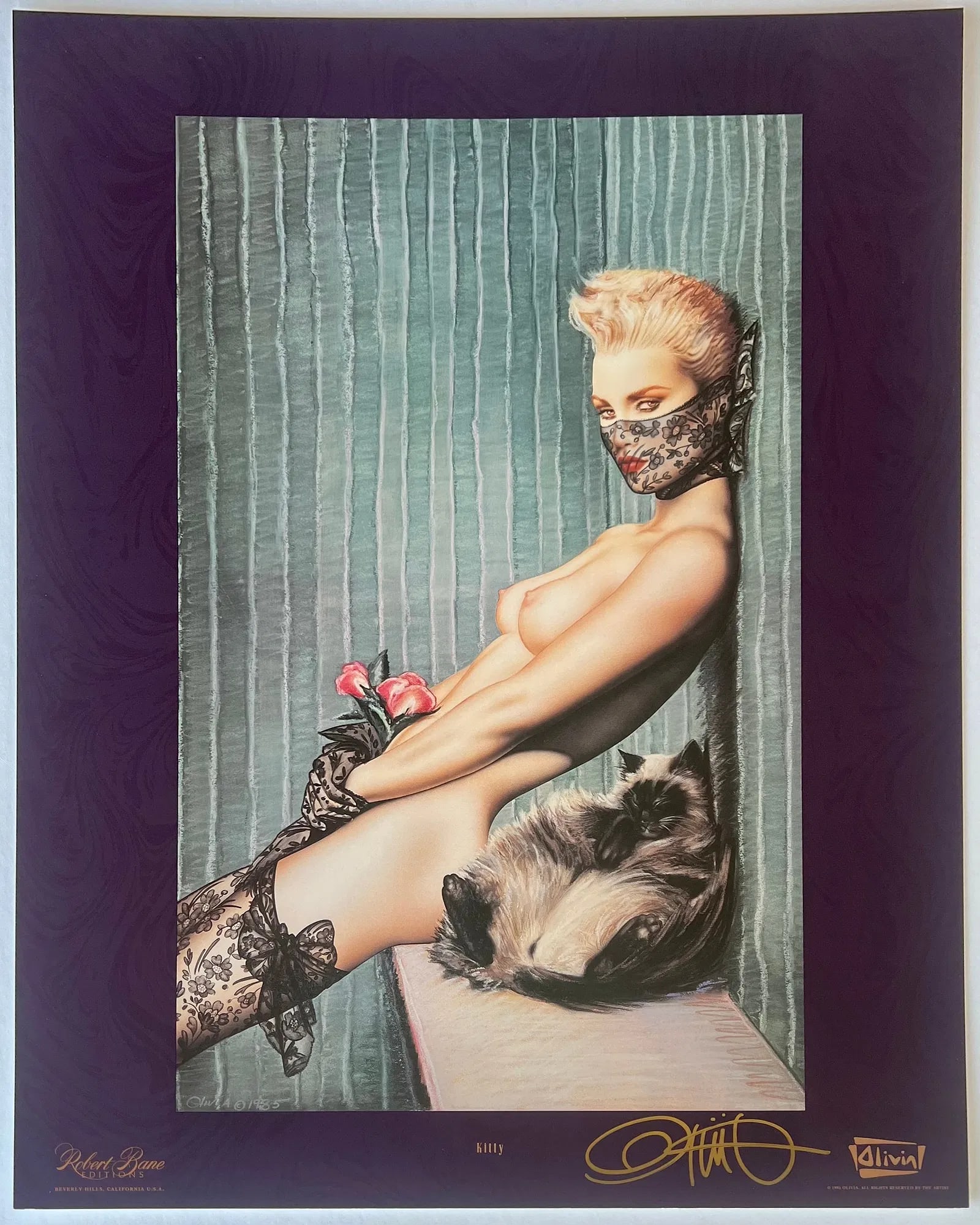 Olivia De Berardinis "Kitty" Hand-Signed Lithograph: This is a sultry and elegant hand-signed offset lithograph titled "Kitty" by the legendary pin-up and erotic artist Olivia De Berardinis (b. 1948), whose glamorous, airbrushed fantasy illustrations be