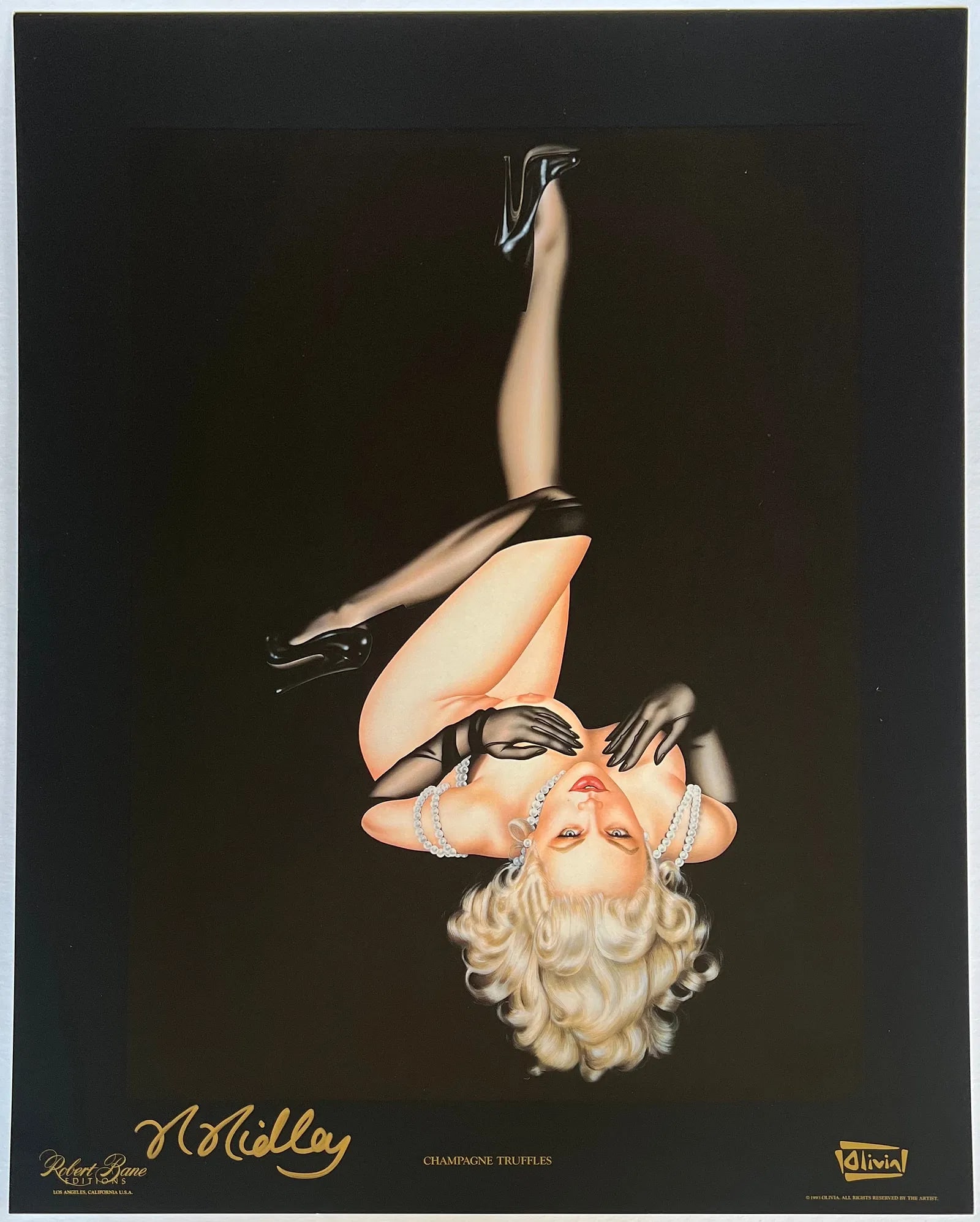 Olivia De Berardinis – "Champagne Truffles" Hand-Signed by Model Rhonda Ridley: This is a glamorous and playful model hand-signed offset lithograph titled "Champagne Truffles" by the legendary pin-up artist Olivia De Berardinis (b. 1948), whose hyper-detailed, airbrushed fantasy 