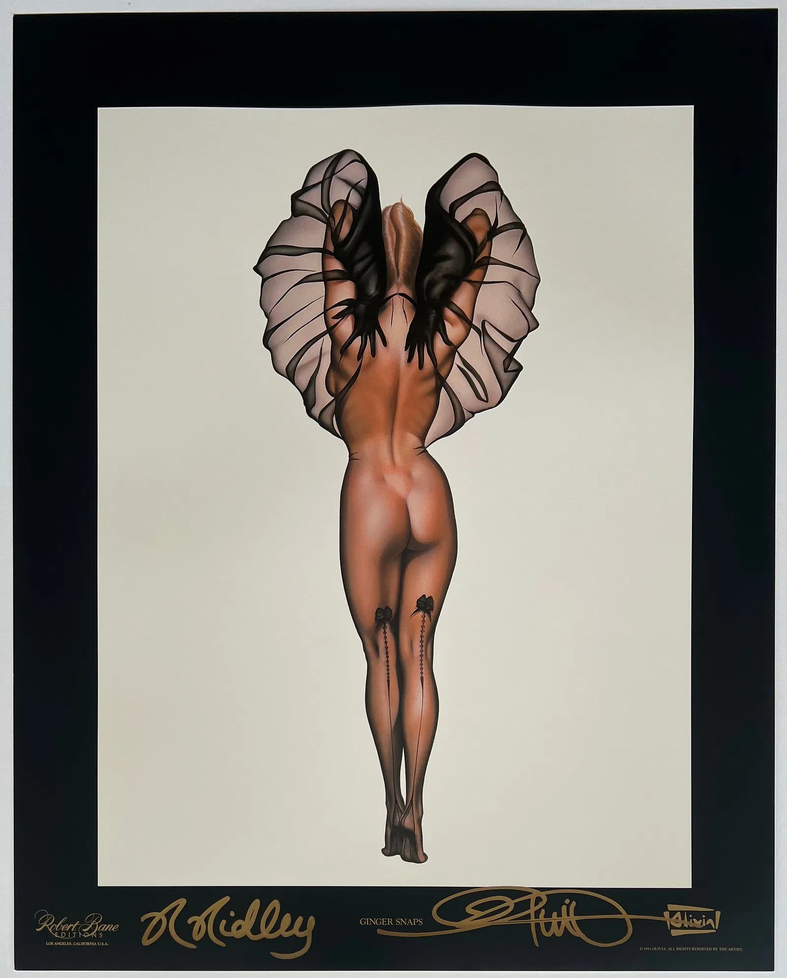 Olivia De Berardinis "Ginger Snaps" Dual-Signed Lithograph: This is a stunning, dual hand-signed (Artist + Model Rhonda Ridley) offset lithograph titled "Ginger Snaps" by the legendary pin-up and erotic artist Olivia De Berardinis (b. 1948), whose glamorous, h