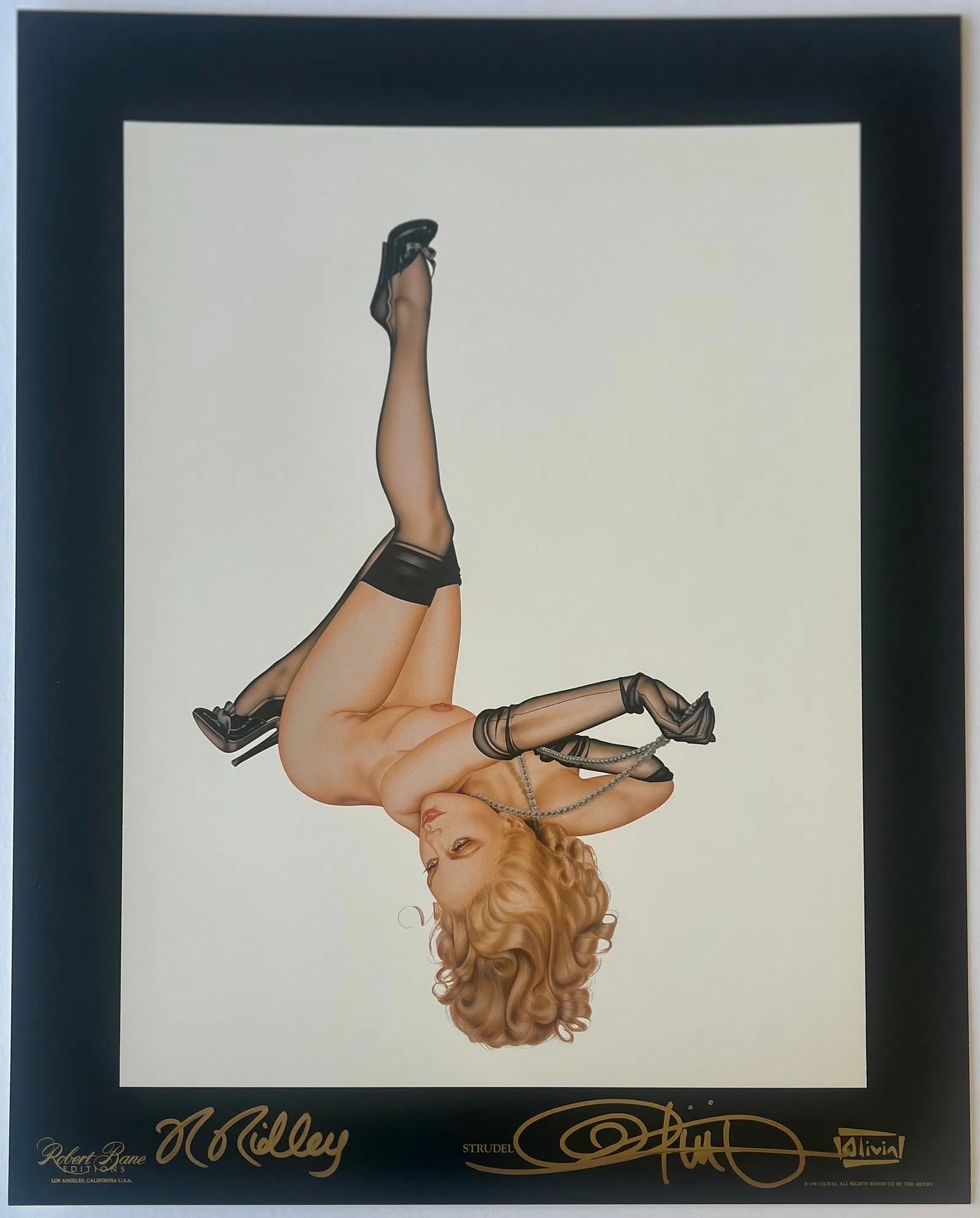 Olivia De Berardinis "Strudal" Dual-Signed Lithograph: This is a playful and daring model hand-signed offset lithograph titled "Strudel" by the renowned pin-up artist Olivia De Berardinis (b. 1948), celebrated for her glamorous, hyper-detailed fantasy ill