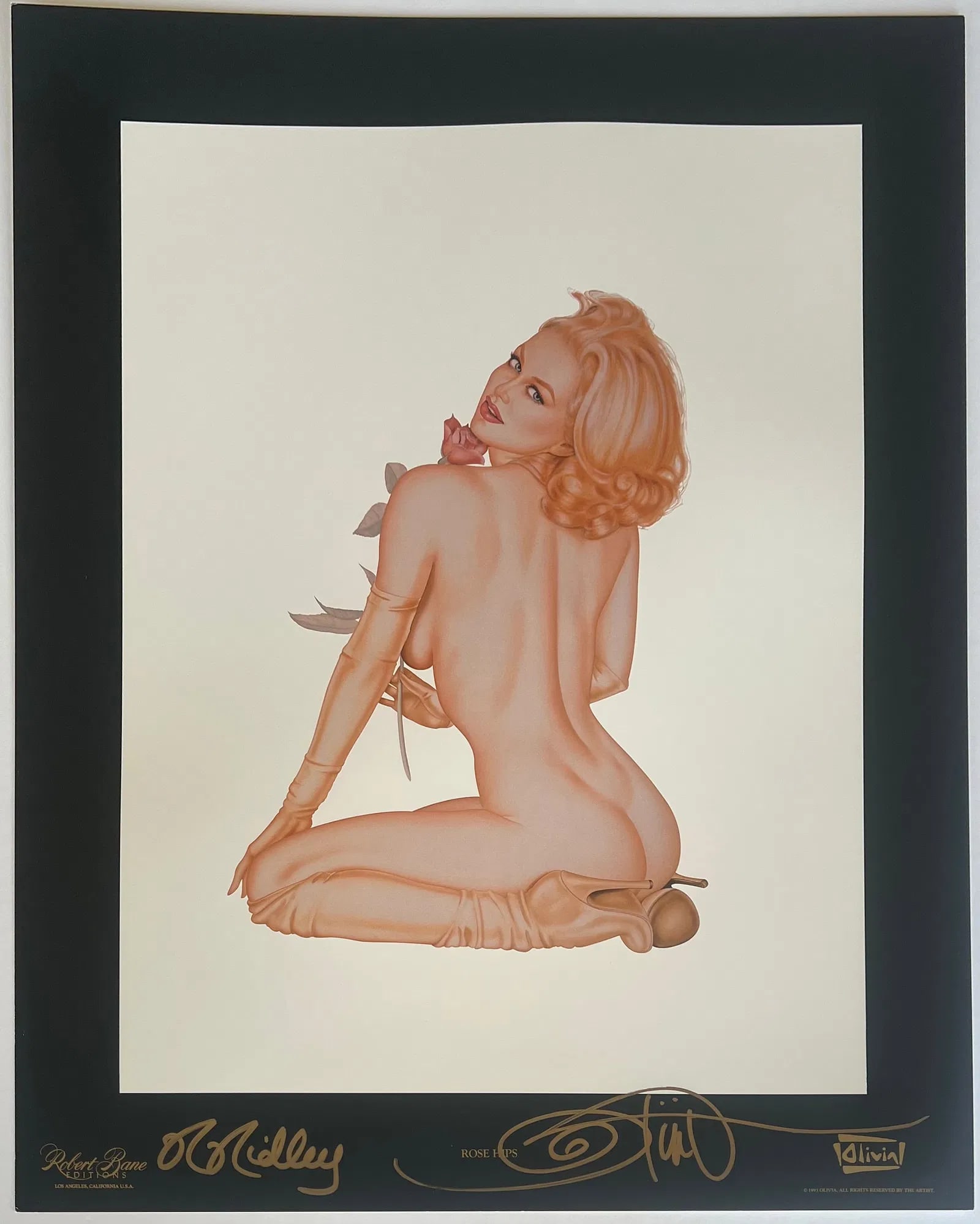 Olivia De Berardinis "Rose Hips" Dual Hand-Signed Lithograph: This is a beautiful, dual hand-signed (Artist + Model Rhonda Ridley) offset lithograph titled "Rose Hips" by the legendary pin-up and erotic artist Olivia De Berardinis (b. 1948), whose hyper-detailed