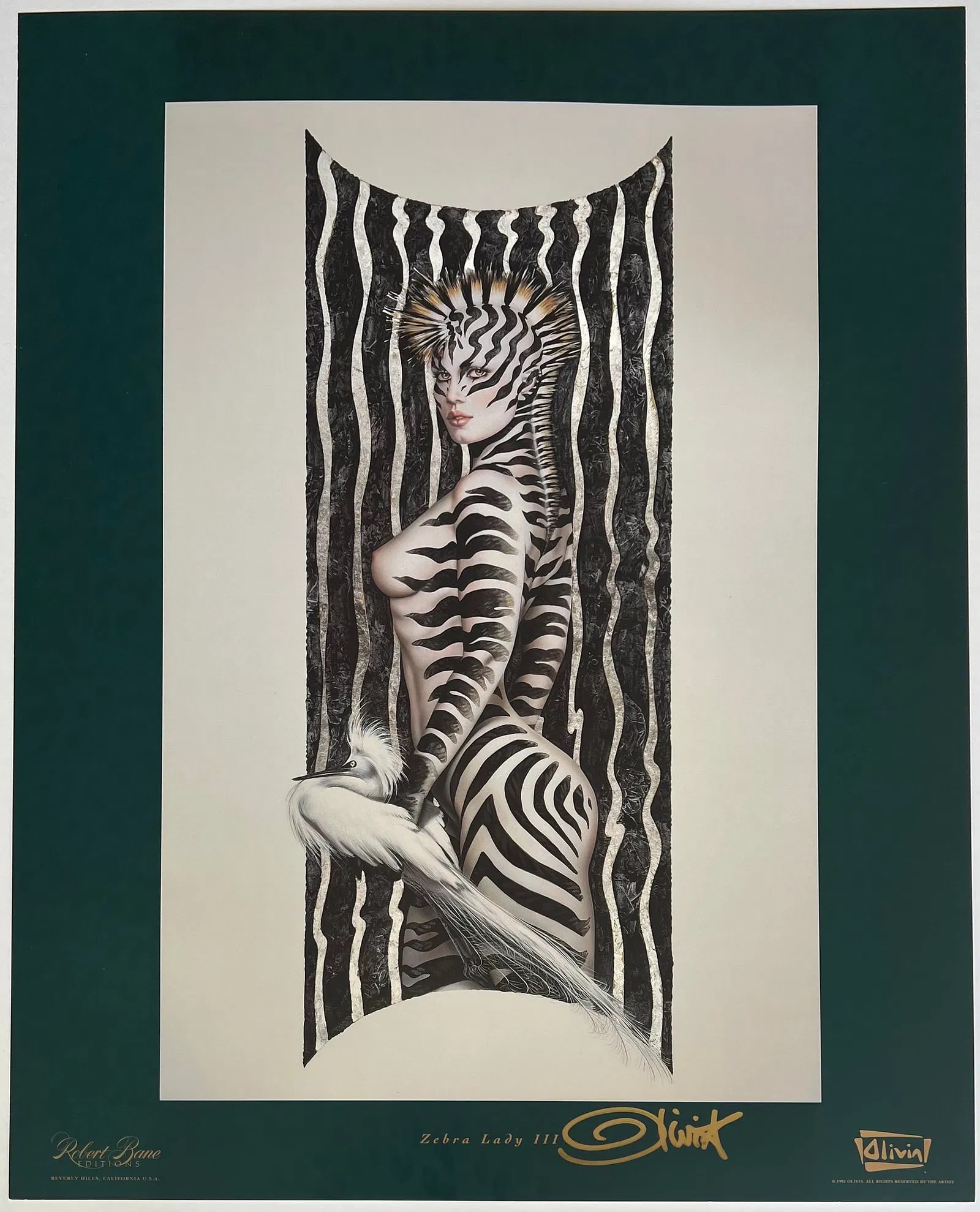 Olivia De Berardinis "Zebra Lady III" Hand-Signed Lithograph: Up for auction is a striking, hand-signed offset lithograph titled "Zebra Lady III" by the legendary pin-up and erotic artist Olivia De Berardinis (b. 1948), whose glamorous, airbrushed illustrations 