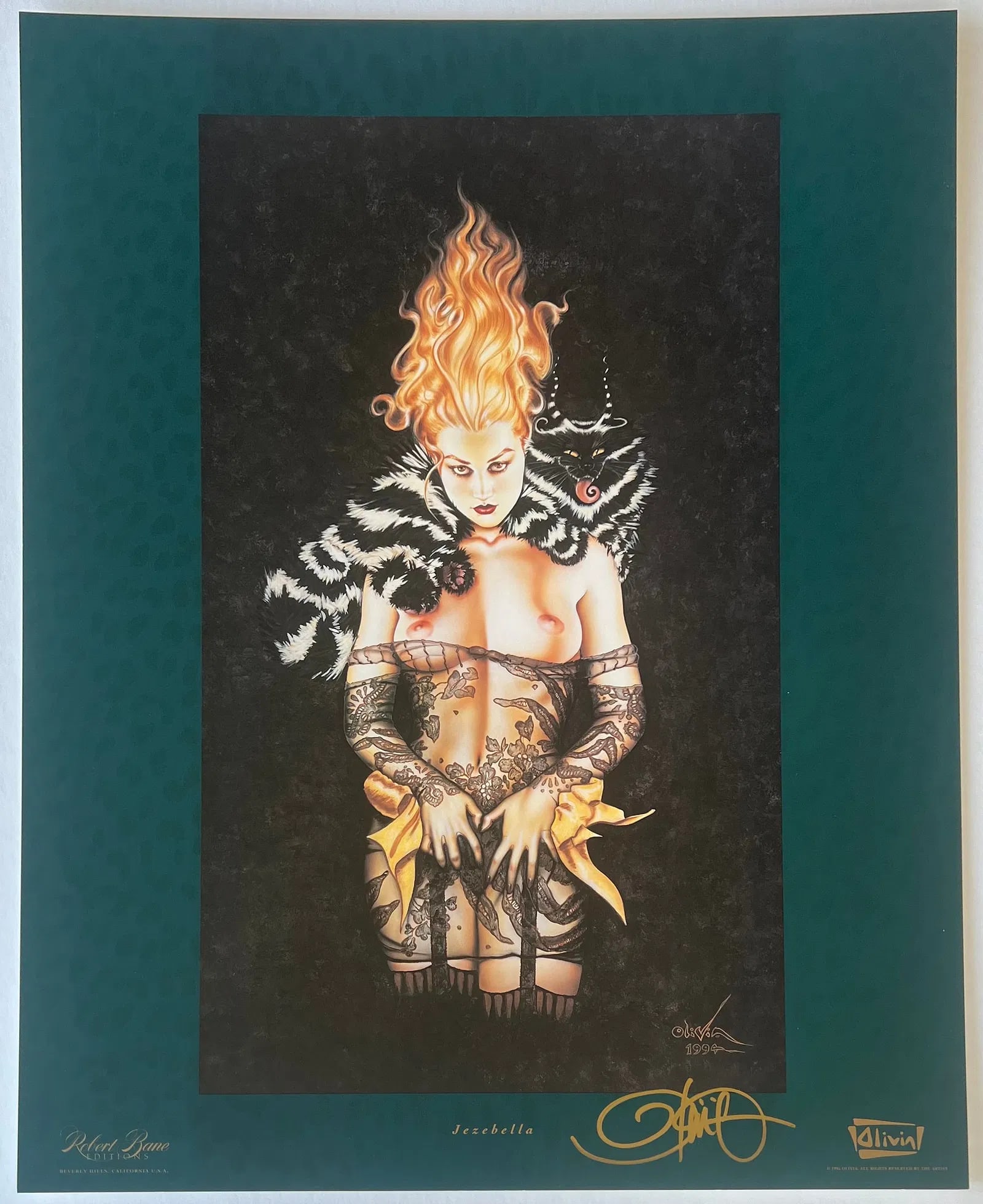 Olivia De Berardinis "Jezebella" Hand-Signed Lithograph: This is a fierce and dramatic hand-signed offset lithograph titled "Jezebella" by the legendary pin-up and erotic artist Olivia De Berardinis (b. 1948), whose glamorous, airbrushed fantasy illustratio