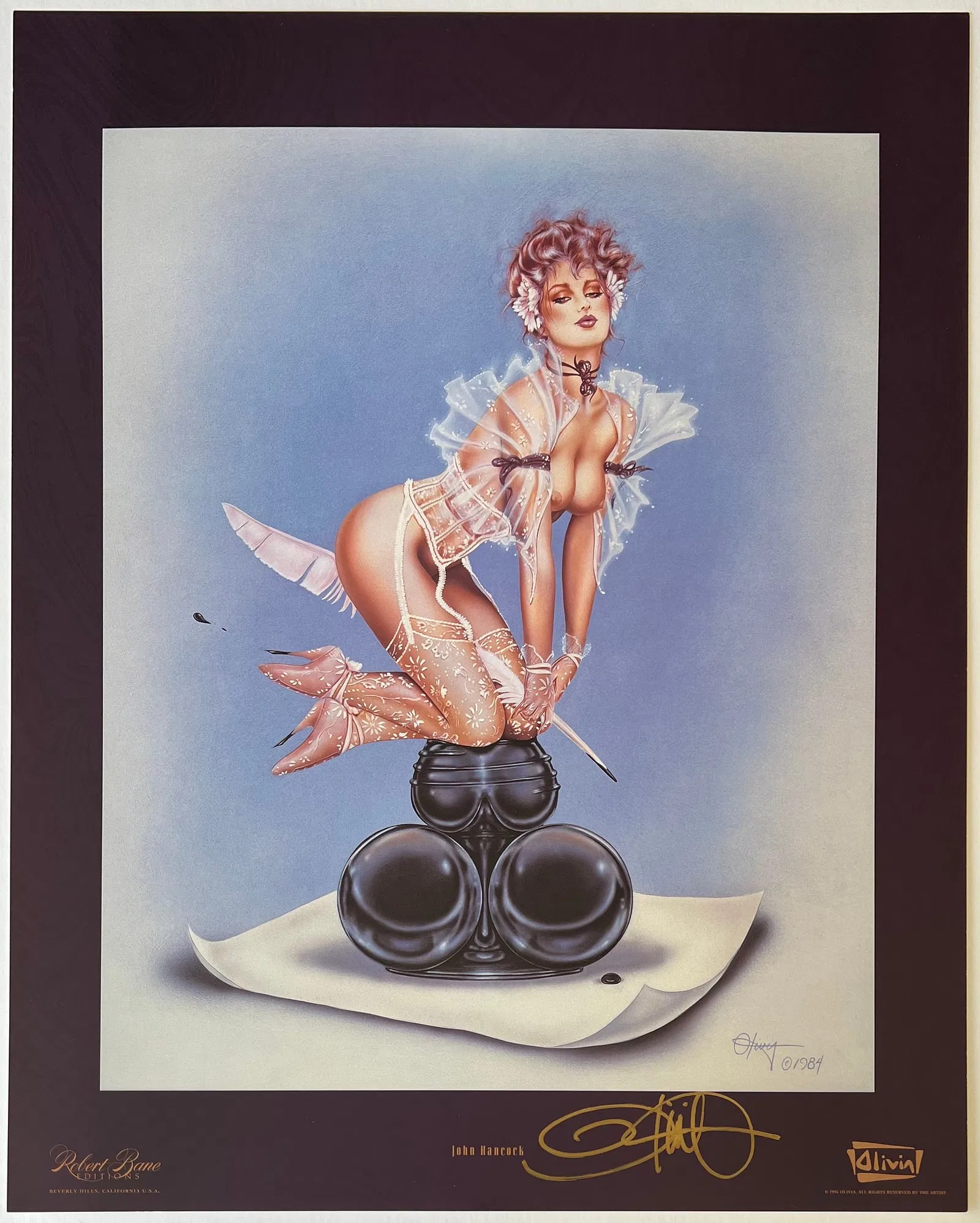 Olivia De Berardinis "John Hancock" Hand-Signed Lithograph: Up for auction is a stunning, hand-signed offset lithograph titled "John Hancock" by the legendary pin-up and erotic artist Olivia De Berardinis (b. 1948), renowned for her ultra-detailed, airbrushed 