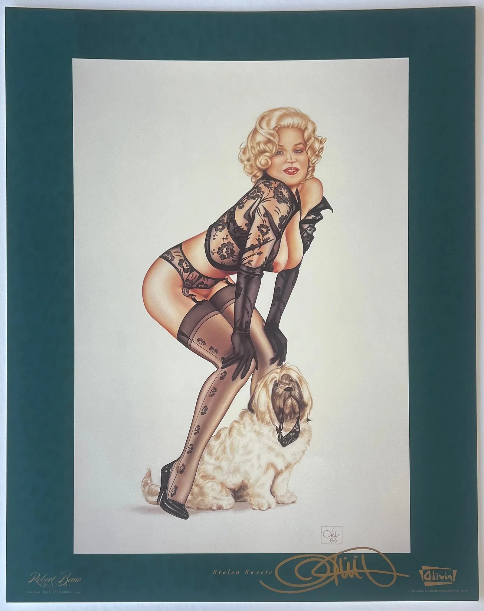 Olivia De Berardinis "Stolen Sweets" Hand-Signed Lithograph: This is a charming and seductive hand-signed offset lithograph titled "Stolen Sweets" by the legendary pin-up and erotic artist Olivia De Berardinis (b. 1948), whose glamorous, airbrushed illustration