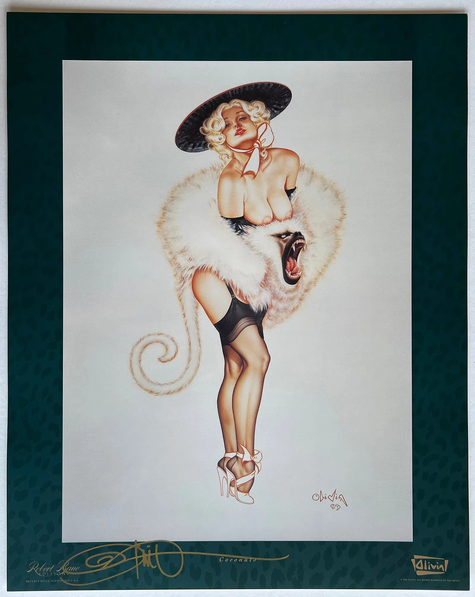 Olivia De Berardinis "Coconuts" Hand-Signed Lithograph: This is a bold, whimsical, and highly detailed hand-signed offset lithograph titled "Coconuts" by the legendary pin-up and erotic artist Olivia De Berardinis (b. 1948), whose glamorous airbrushed fant