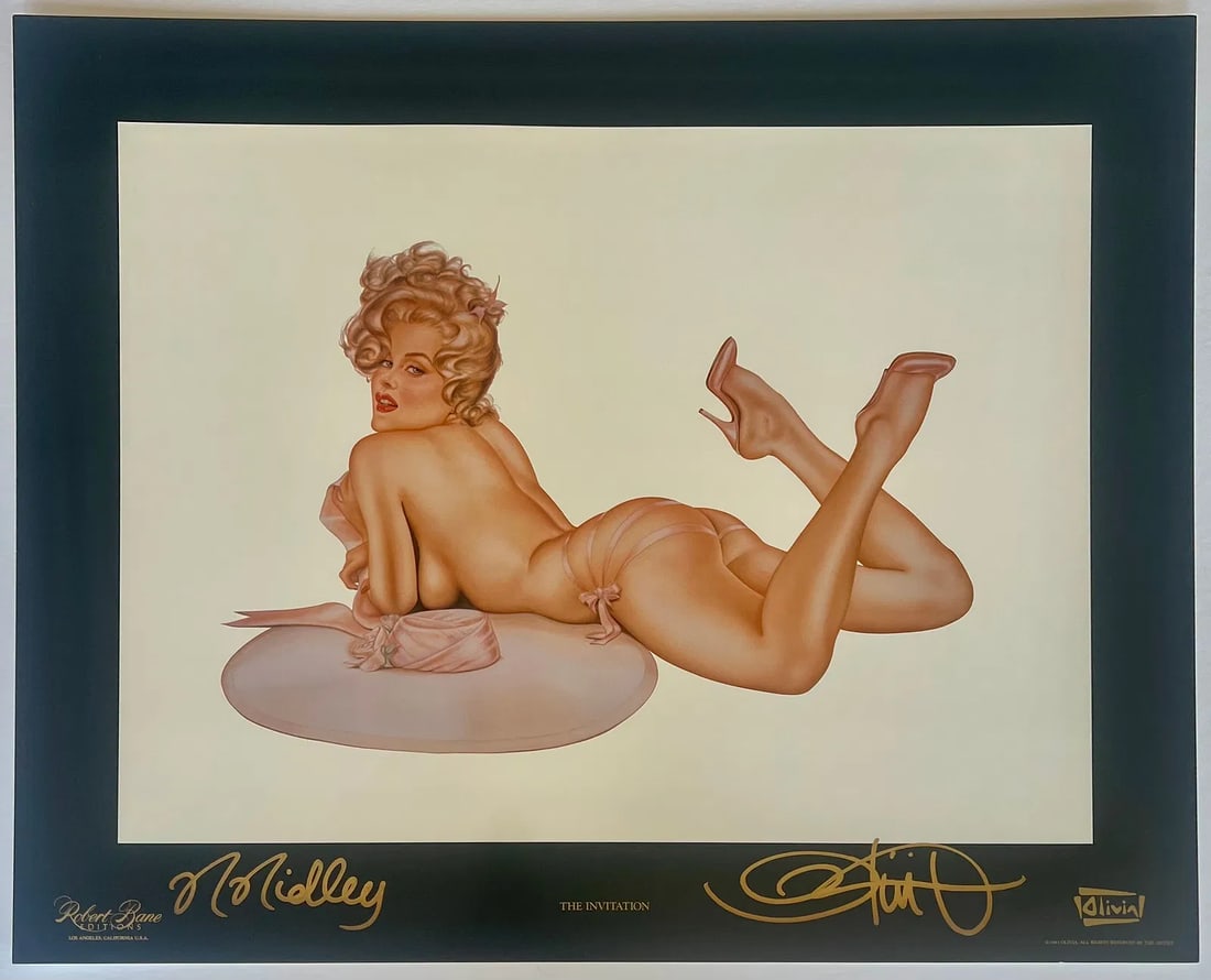 Olivia De Berardinis "The Invitation" Dual-Signed Lithograph: This is a stunning, dual hand-signed (Artist + Model Rhonda Ridley) offset lithograph titled "The Invitation" by the iconic pin-up and erotic artist Olivia De Berardinis (b. 1948), whose airbrushed gl