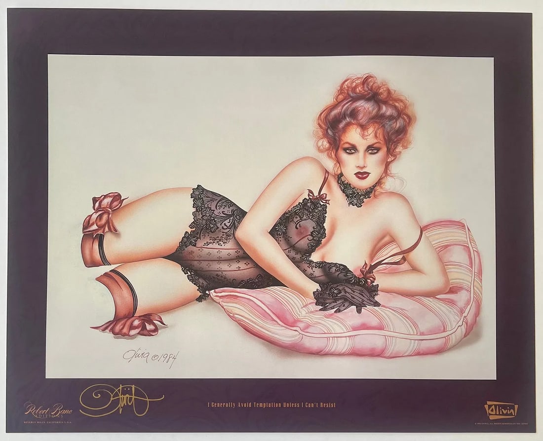 Olivia De Berardinis "I Generally Avoid Temptation" Hand-Signed Lithograph: This is a classic, hand-signed offset lithograph titled "I Generally Avoid Temptation Unless I Can't Resist" by the legendary pin-up and erotic artist Olivia De Berardinis (b. 1948), whose glamorous, 