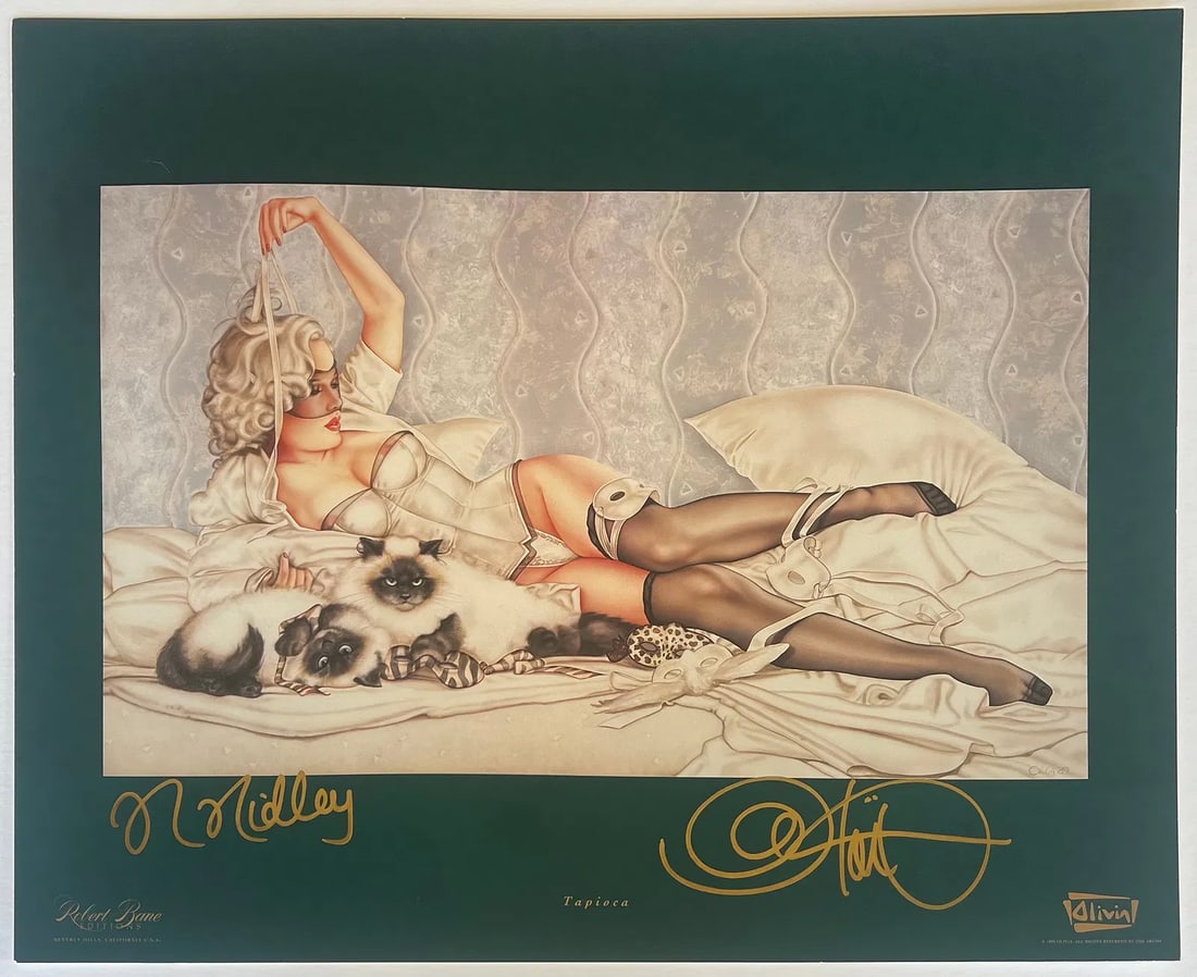 Olivia De Berardinis "Tapioca" Dual-Signed Lithograph: This is a luxurious and playful dual hand-signed offset lithograph titled "Tapioca" by the legendary pin-up artist Olivia De Berardinis (b. 1948), whose glamorous, airbrushed fantasy illustrations bec
