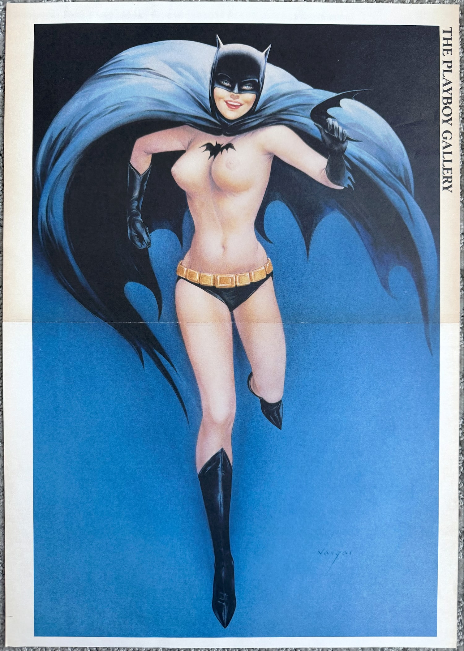 Alberto Vargas Batgirl Playboy Gallery illustration, July 1966 (“How do you like my dynamic: Classic Vargas pin-up of a topless Batgirl in full costume—cape billowing, utility belt, mask, and signature smile. Originally published as a double-page centerfold in the July 1966 issue of Playboy