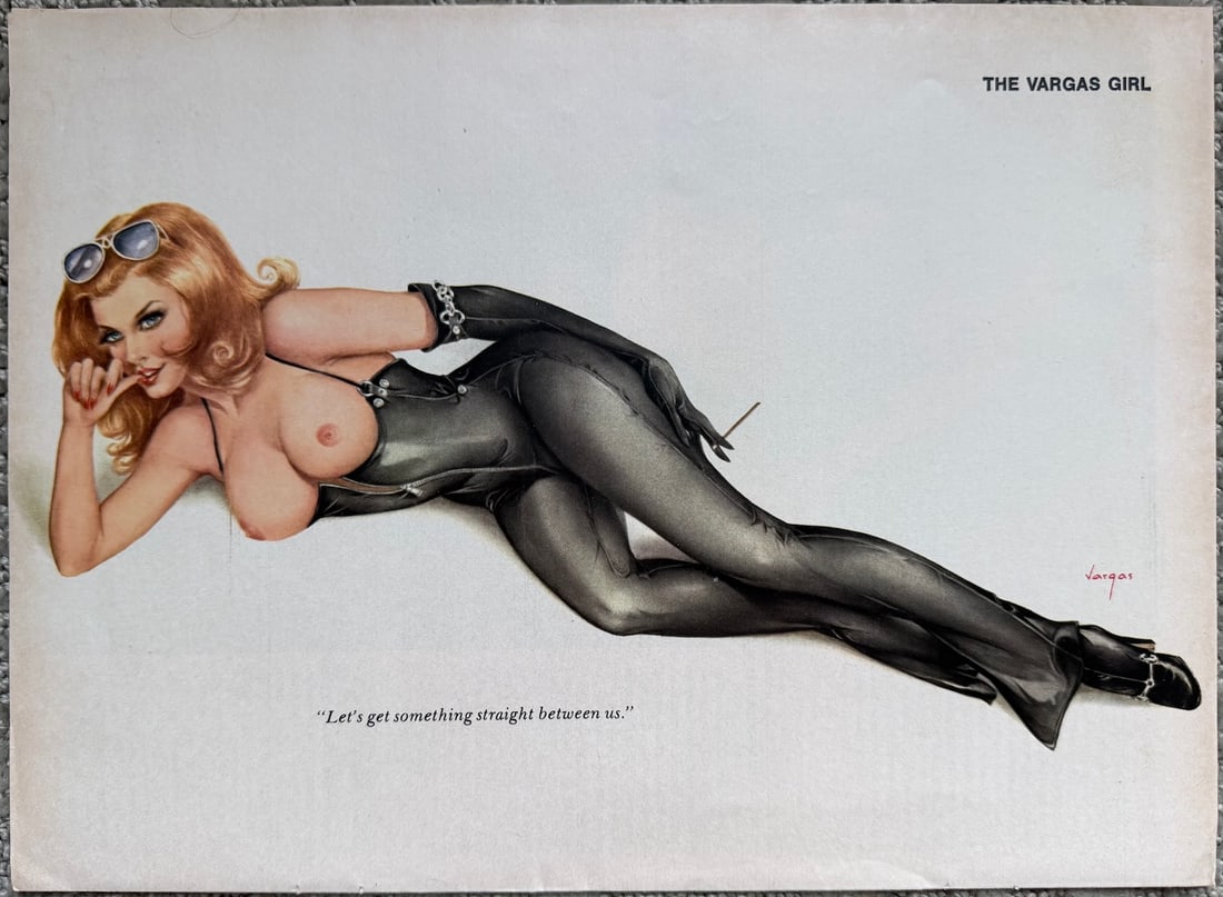 Alberto Vargas Playboy January 1976 — “Let’s Get Something Straight Between Us”: Original Alberto Vargas “Vargas Girl” from the January 1976 issue of Playboy (page 164). Iconic late-period pin-up of a blonde in a unzipped black catsuit, sunglasses perched on her head, sign