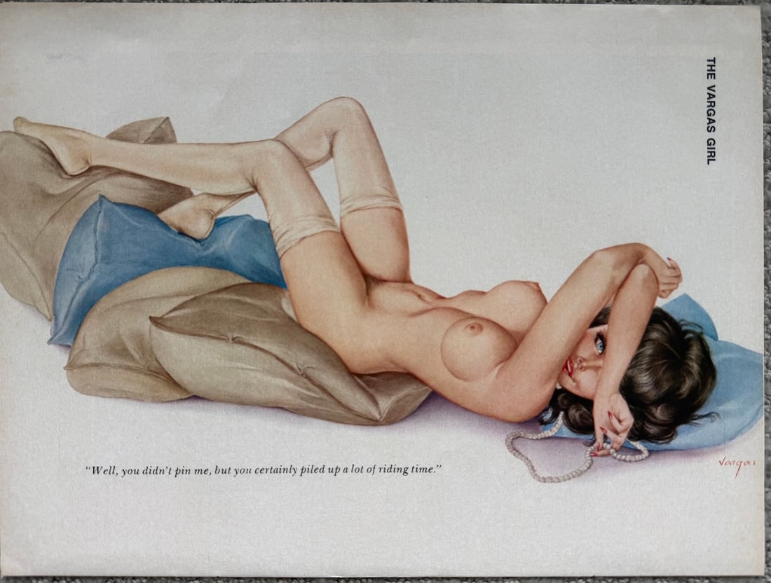 Alberto Vargas Playboy February 1976 — “You Didn’t Pin Me…”: Original Alberto Vargas “Vargas Girl” from the February 1976 issue of Playboy (page 126). Dark-haired nude reclining on pillows in stockings, pearls in hand, signed lower right. Classic Playbo