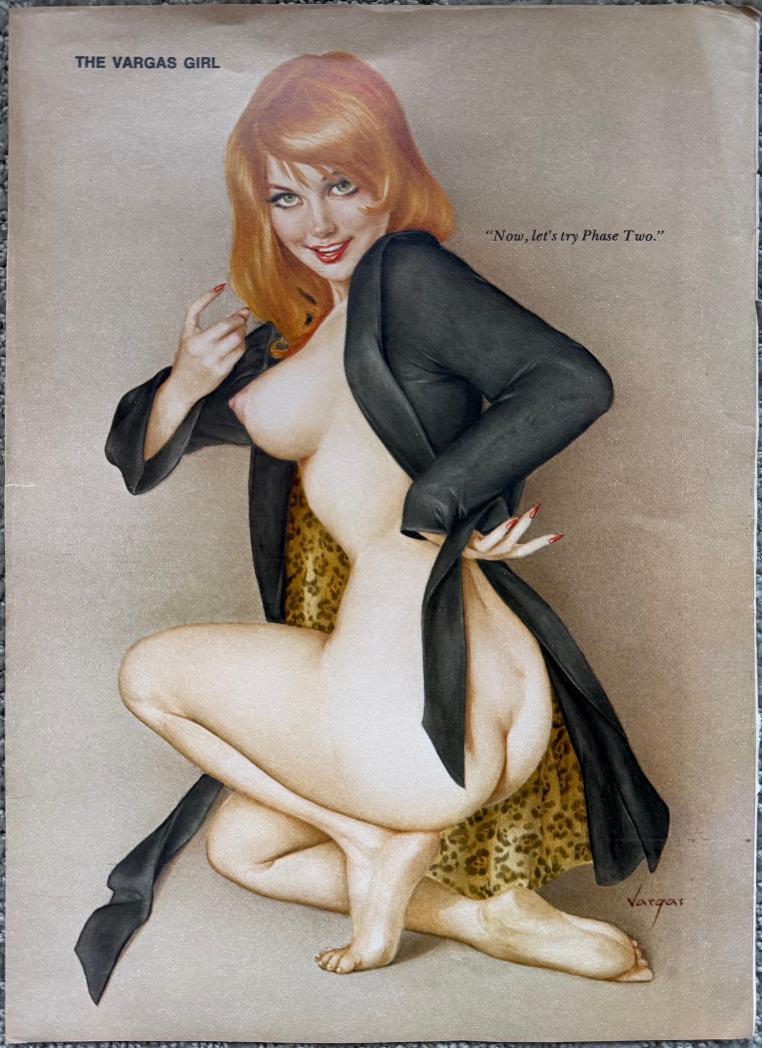 Alberto Vargas Playboy February 1972 — “Now, Let’s Try Phase Two”: Original Alberto Vargas “Vargas Girl” from the February 1972 issue of Playboy (page 148). Redhead kneeling in an open black robe over leopard print, signed lower right. Classic Playboy caption