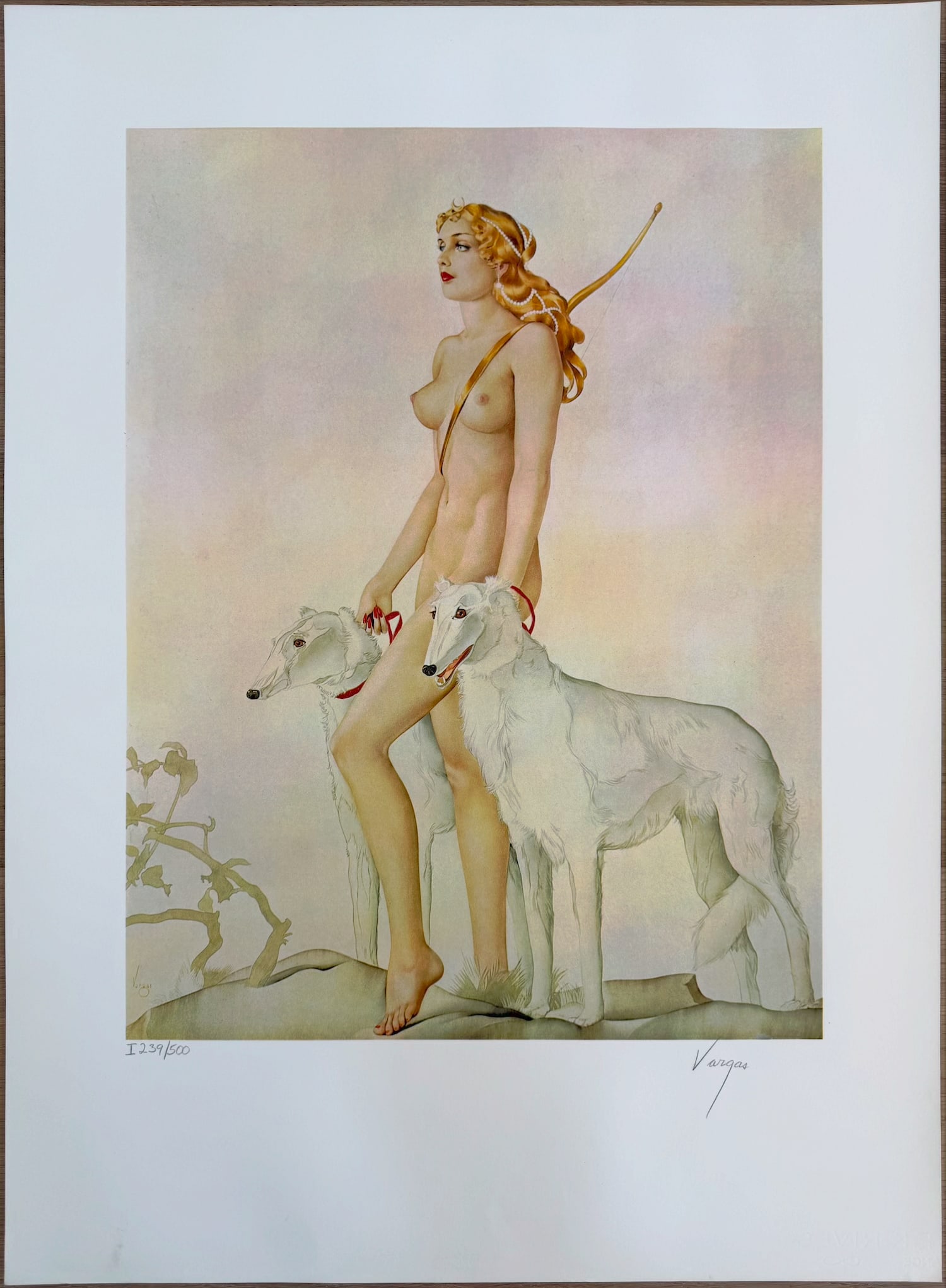 Alberto Vargas "Diana The Huntress" Lithograph 1978 - 239/500: Diana The Huntress, a golden haired amazon nude with her bow strung across her back, holding two snow white Borzoi Russian hunting dogs, will make a wonderful edition to any home or important collecti