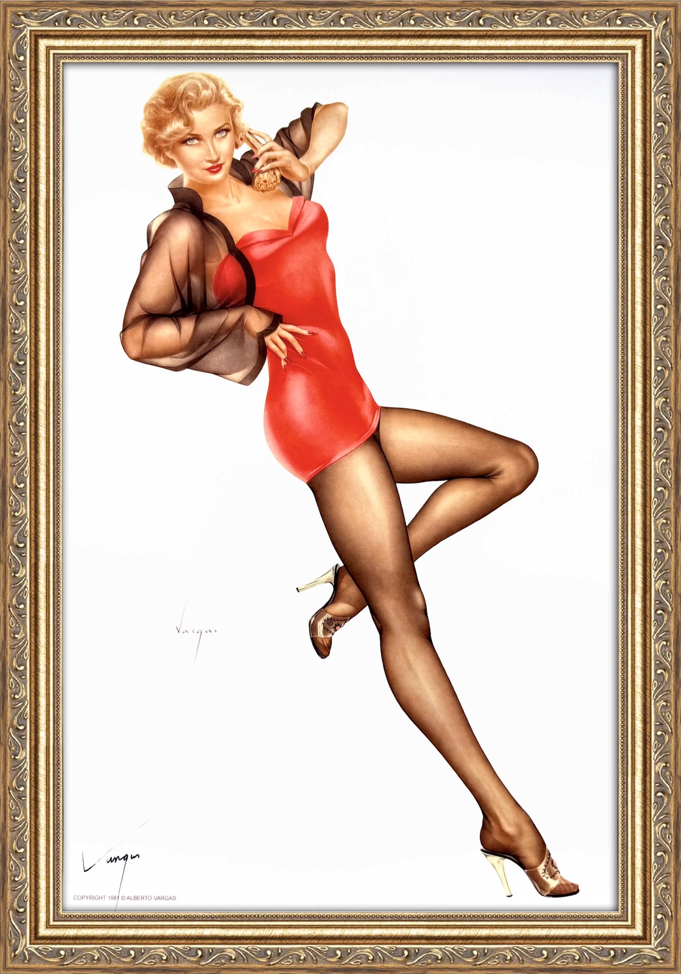 Alberto Vargas Portrait Of Carol Ohmart: This 11" x 17" Alberto Vargas pin-up print was created between 1979 and 1984 at a store called The Pin-up Shop in Las Vegas—a specialty boutique backed by Playboy President Derrick J. Daniels as a k