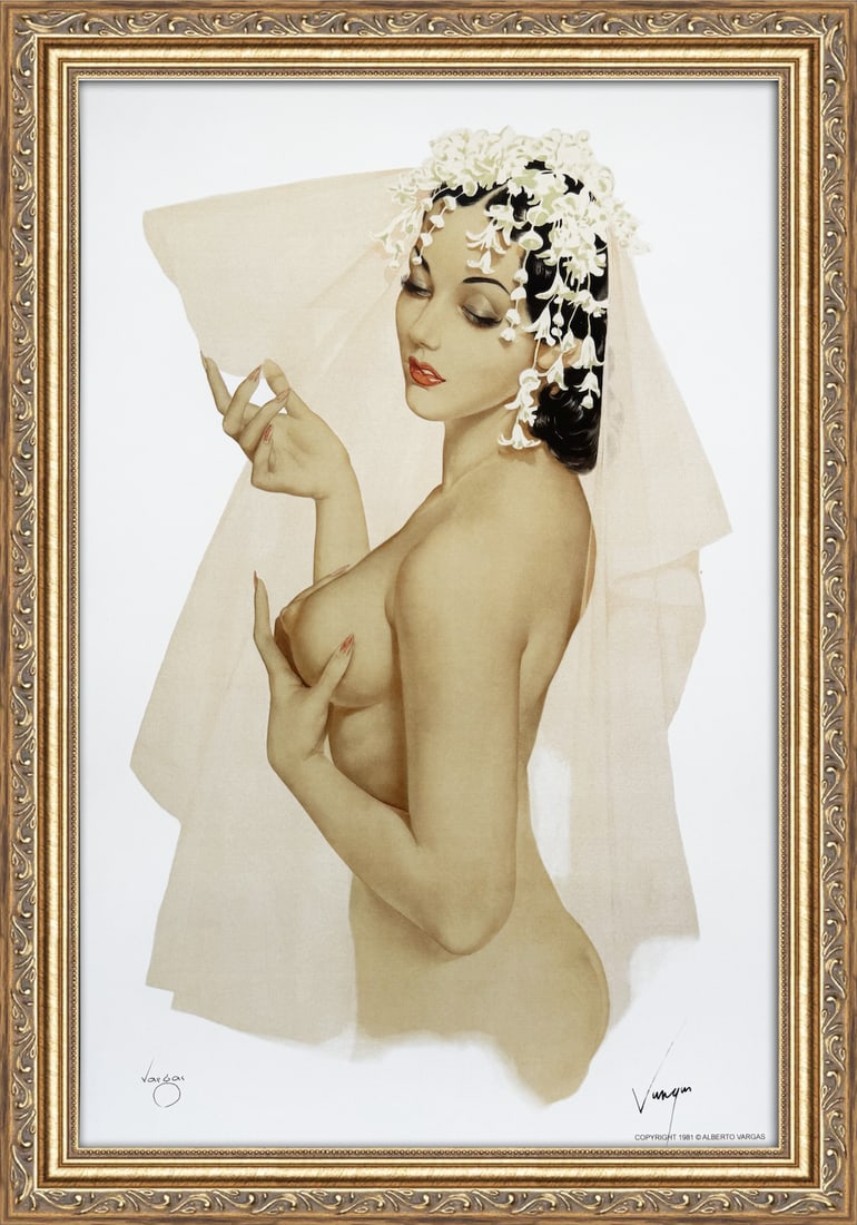 Alberto Vargas Signed "Bride in Wedding Veil" 1940's: This 11" x 17" Alberto Vargas pin-up print was created between 1979 and 1984 at a store called The Pin-up Shop in Las Vegas—a specialty boutique backed by Playboy President Derrick J. Daniels as a k