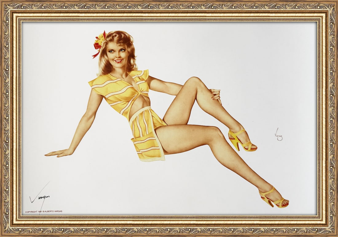 Alberto Vargas Signed Pin-up In Yellow Dress 1940's: This 11" x 17" Alberto Vargas pin-up print was created between 1979 and 1984 at a store called The Pin-up Shop in Las Vegas—a specialty boutique backed by Playboy President Derrick J. Daniels as a k