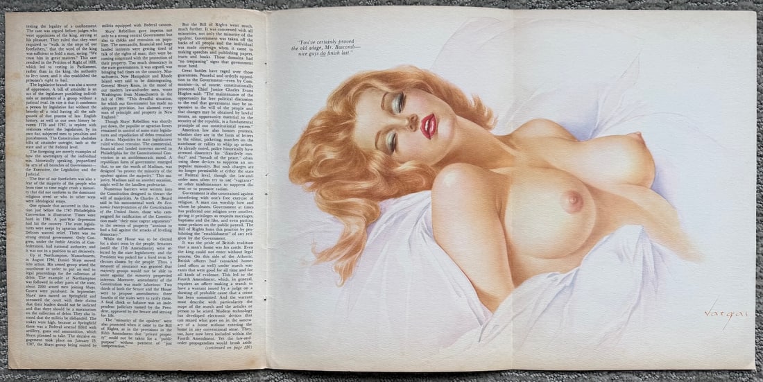 Alberto Vargas Playboy January 1969 Fold-Out — “Nice Guys Finish Last”: Original Alberto Vargas “Vargas Girl” from the January 1969 issue of Playboy (page 147 fold-out). Classic reclining blonde in Vargas’ signature airbrushed watercolor style, signed lower righ