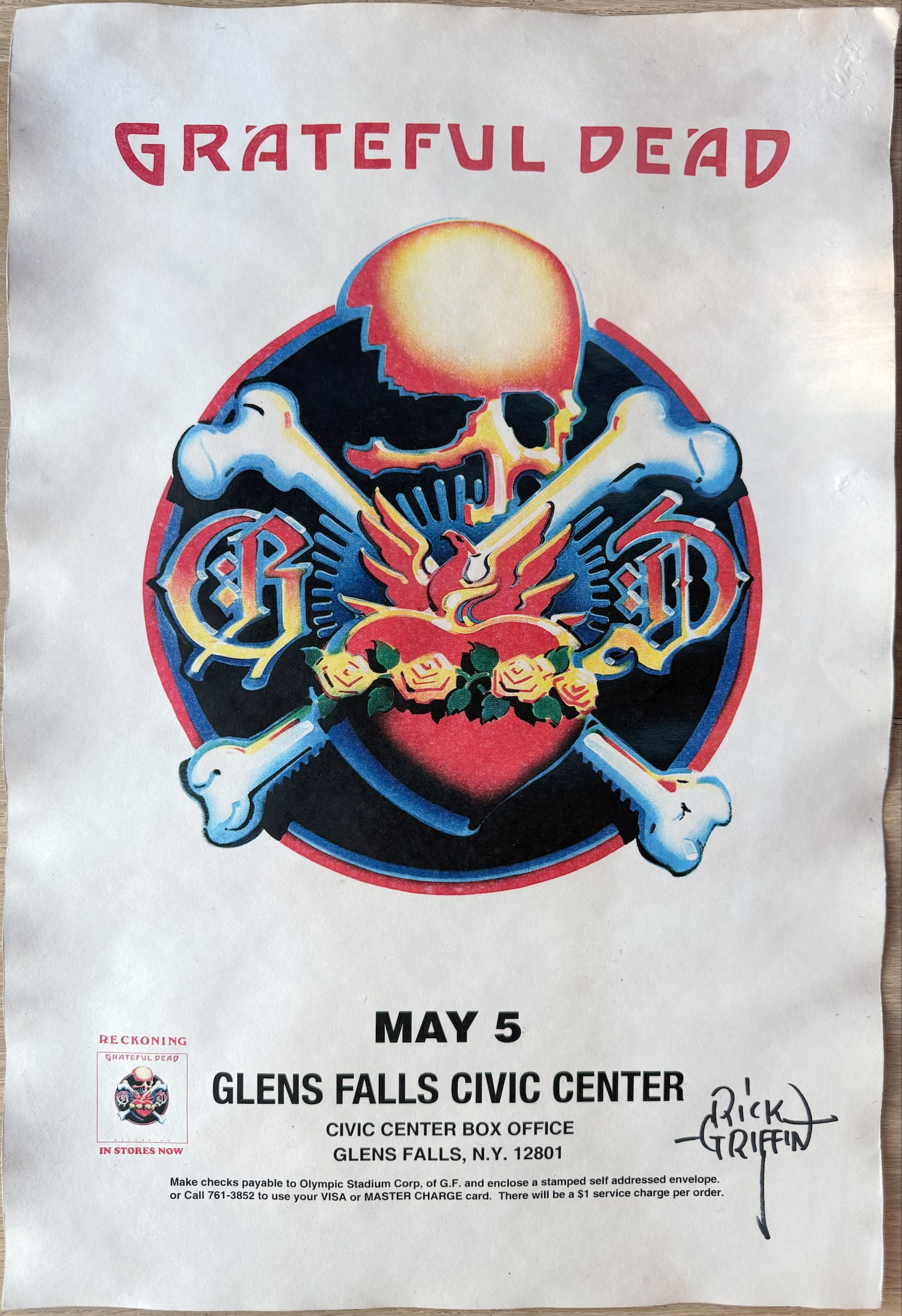 1981 Grateful Dead Signed by Rick Griffin – Glens Falls Civic Center Concert Poster: Original promotional poster for the Grateful Dead’s May 5, 1981 show at the Glens Falls Civic Center (Glens Falls, NY). Classic colorful skull-and-crossbones design with stylized “GD,” flami