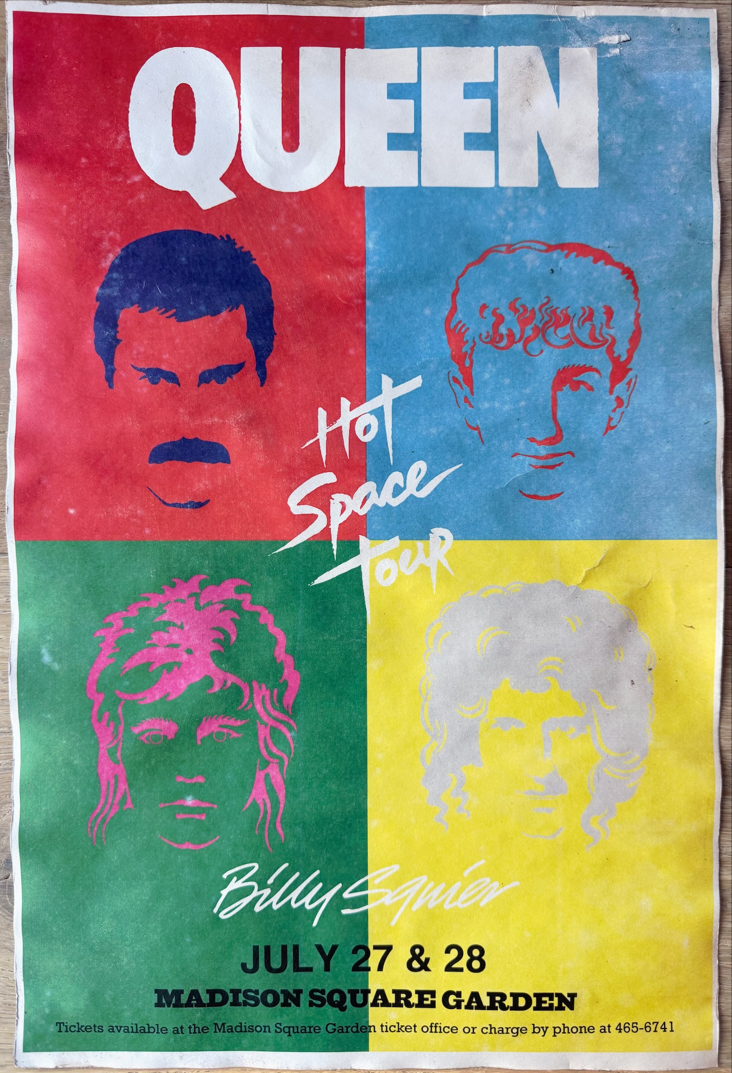 Queen Hot Space Tour 1982 Madison Square Garden Concert Poster (July 27–28) w/ Billy Squier: Original vintage concert poster for Queen’s Hot Space Tour at Madison Square Garden, New York, on July 27 & 28 (1982), with special guest Billy Squier. Classic four-panel design featuring stylized p