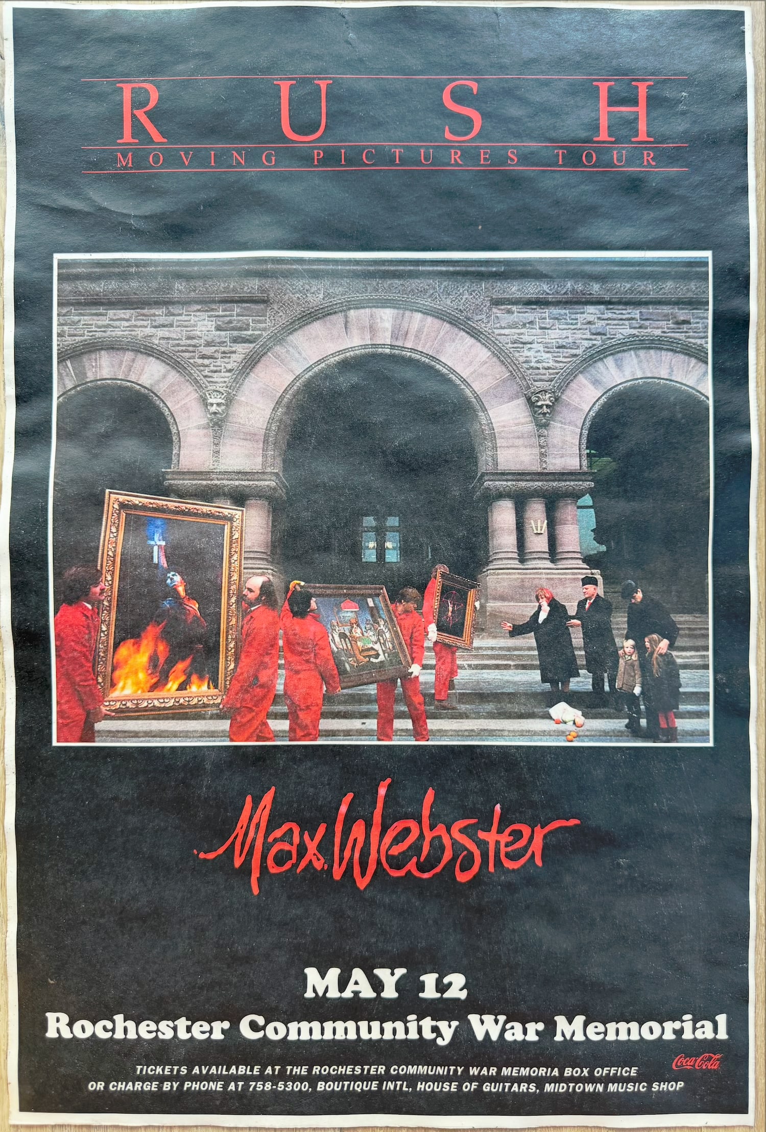 Original 1981 Rush Moving Pictures Tour Poster – Max Webster, May 12 Rochester War Memorial: Vintage original concert poster for Rush’s Moving Pictures Tour with special guest Max Webster. Date: May 12 (1981) at the Rochester Community War Memorial, Rochester, NY. Features the iconic Hugh S