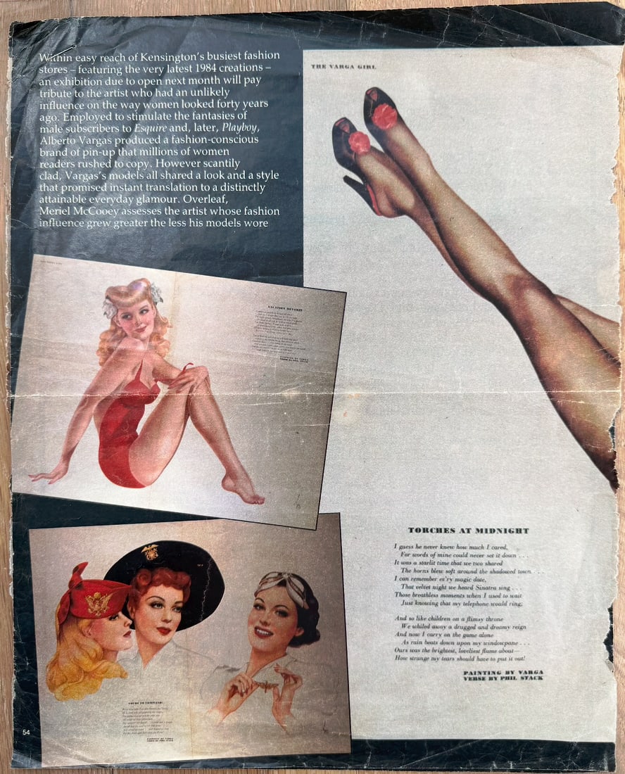 Alberto Vargas Proof Clippings From The Sunday Times September 23rd 1984: Original two-page magazine feature on Alberto Vargas pin-ups, titled “Goddesses of the printed page.” Includes classic Varga Girl illustrations (legs in heels, red swimsuit, military hats, bri