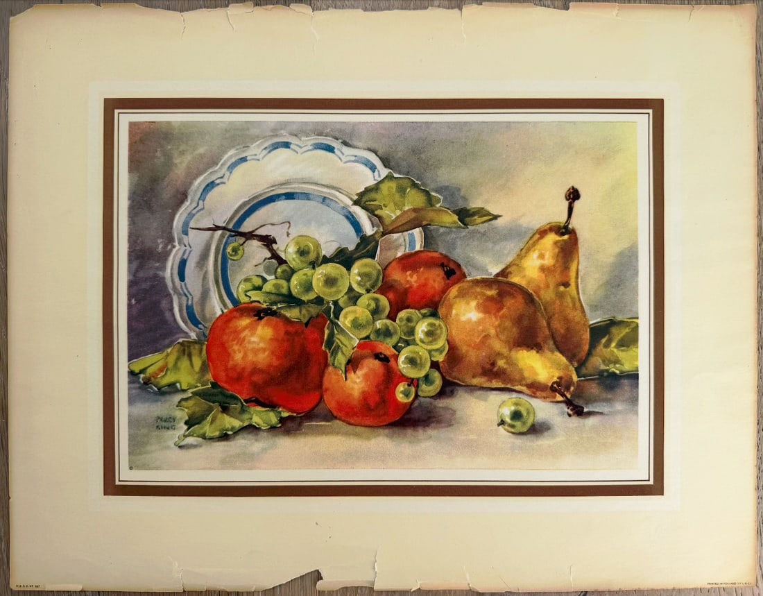Percy King – Still Life with Fruit, Grapes, Pears & Blue-and-White Plate, Watercolor Print: Charming vintage watercolor still-life print by Percy King, signed lower left. The composition features a cluster of ripe fruits arranged on a soft gray surface: plump orange-red peaches or nectarines