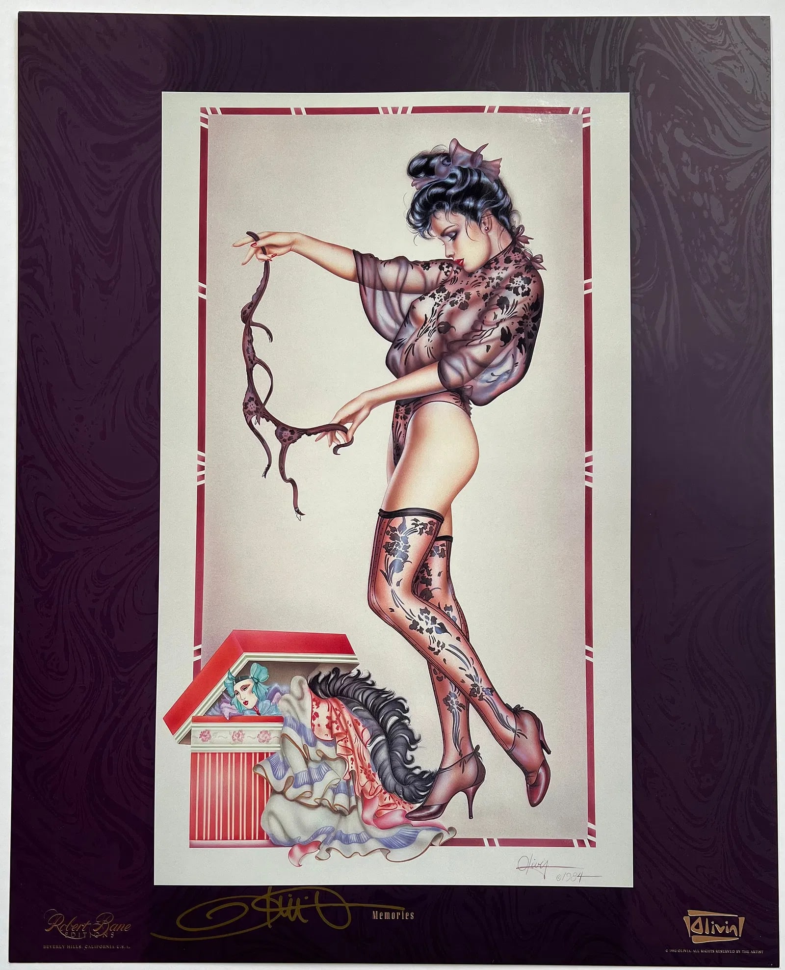 Olivia De Berardinis "Memories" Hand-Signed: This is a captivating, hand-signed offset lithograph titled "Memories" by the world-renowned pin-up and erotic artist Olivia De Berardinis (b. 1948), whose ultra-detailed, airbrushed glamour illustrat