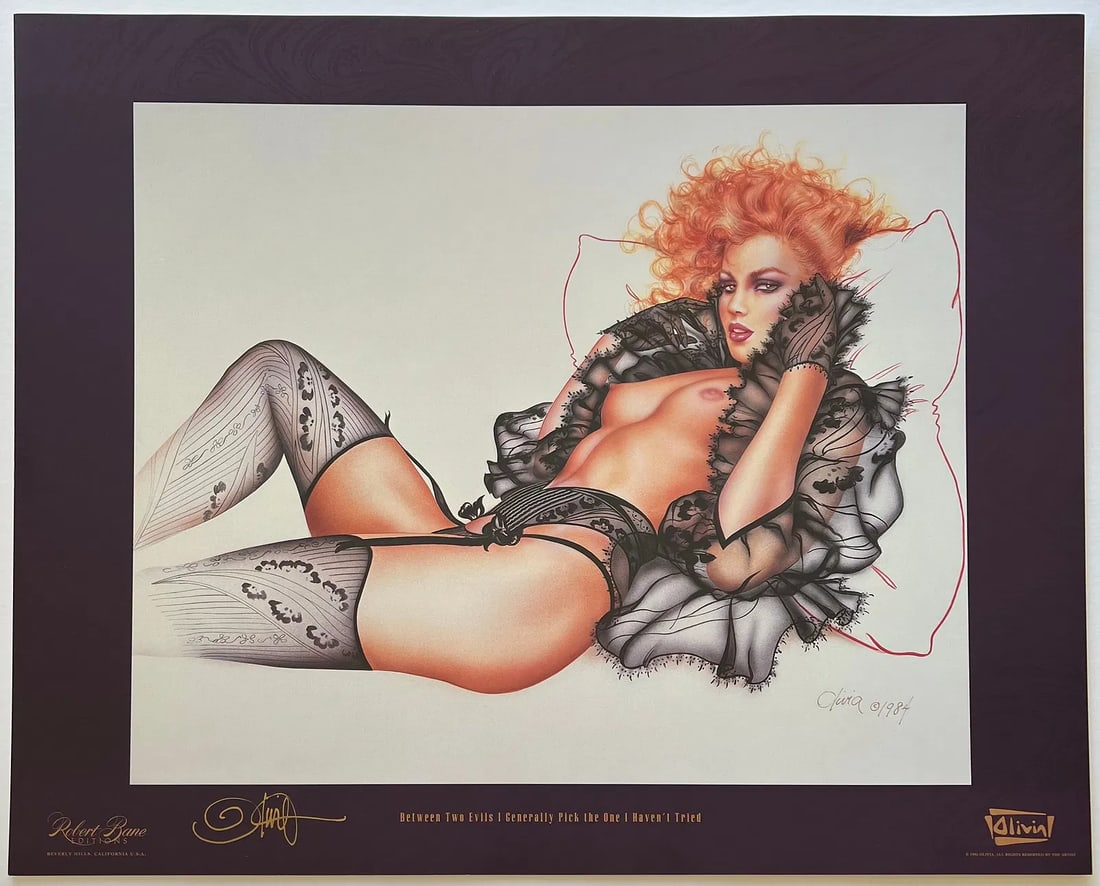 Olivia De Berardinis "Between Two Evils" Hand-Signed Lithograph: This is a bold, hand-signed offset lithograph titled "Between Two Evils I Generally Pick the One I Haven't Tried" by the iconic pin-up and erotic artist Olivia De Berardinis (b. 1948), whose glamorous