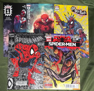 Spider-Man Lot of 5 books: Spider-Man #1 1990 black cover, Spider-Men #1 2021, Spider-Punk #1 2022 Walmart Variant, Spider-Punk Arms Race #1 1:25 2024, Ultimate Spider-Man #1 1st print 1:25 2024