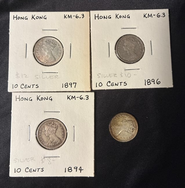 Lot of 4 Hong Kong 10 Cents - .800 fine silver: Lot of 4 — Hong Kong 10 Cents (1894, 1896, 1897, 1899) – .800 Fine Silver Composition: .800 silver, .200 copper Weight (each): 2.82 g Pure silver (each): 2.26 g Diameter: 17.78 mm Thickness: ~1.1 