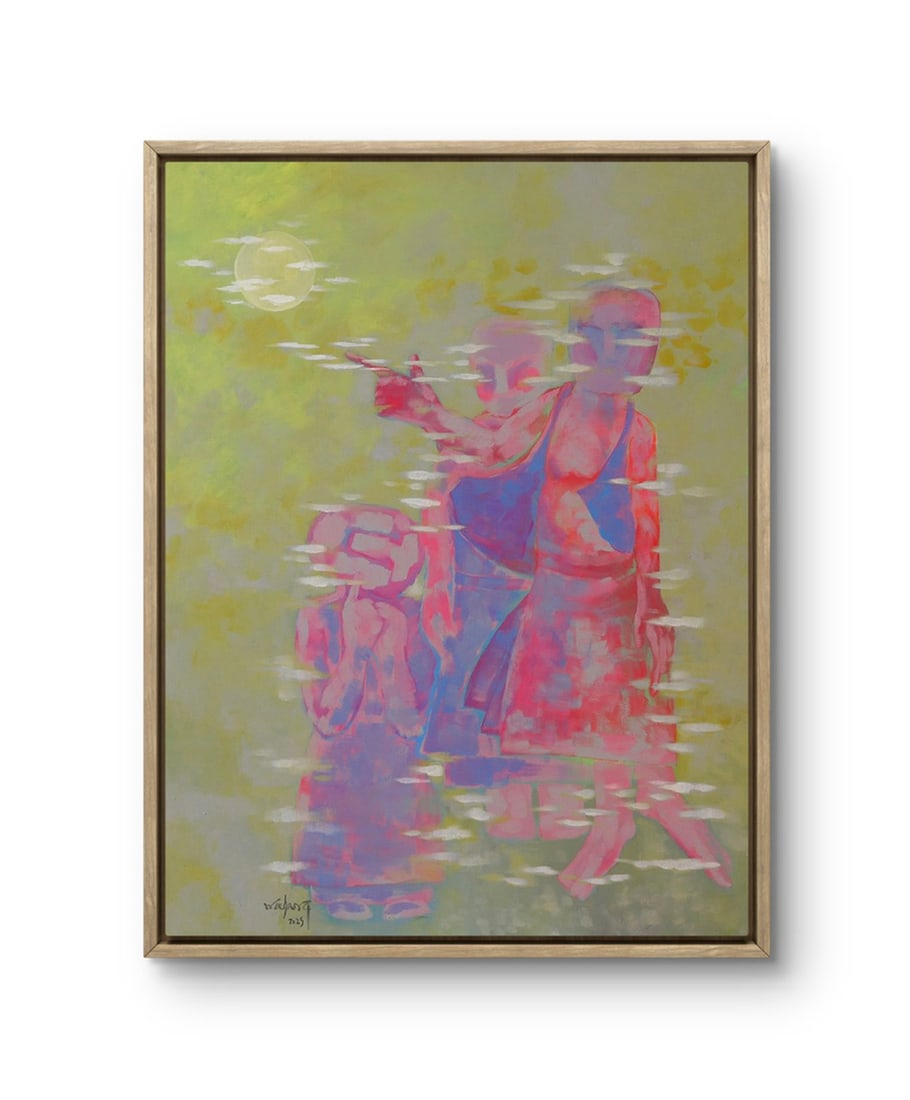 Nguyen Van Hung, Like a Finger Pointing at the Moon: The painting Like a Finger Pointing at the Moon evokes a meditative and profound space, reflecting Eastern philosophy about enlightenment and self-awareness. Figures in soft purple-pink tones emerge f