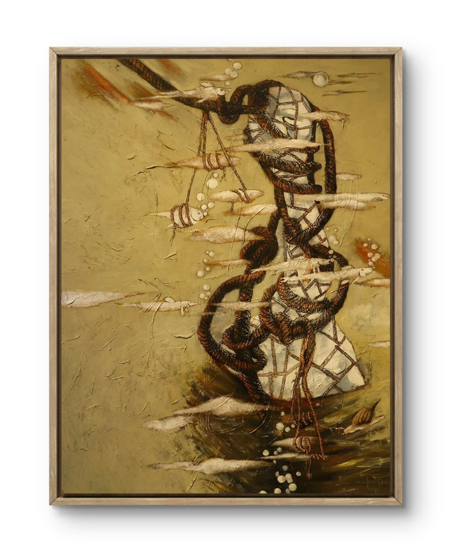 Nguyen Van Hung, The Desire for Freedom XIII: The Desire for Freedom XIII is a fusion of the human form bound tightly by ropes and the image of small fish struggling in murky waters. Clouds and water bubbles weave throughout the frame, creating a