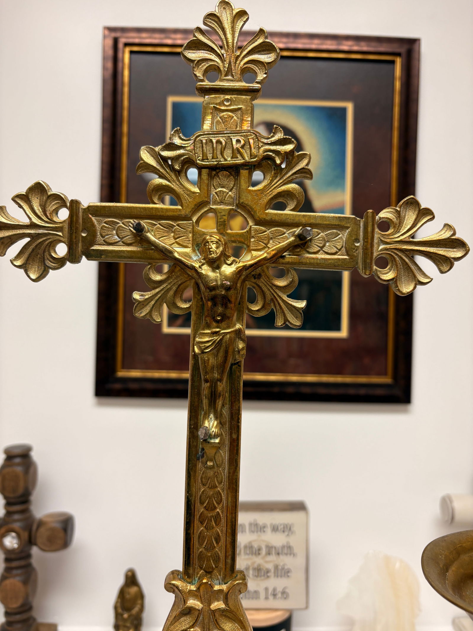 Large Bronze Altar Crucifix with Matching Candlesticks - 2