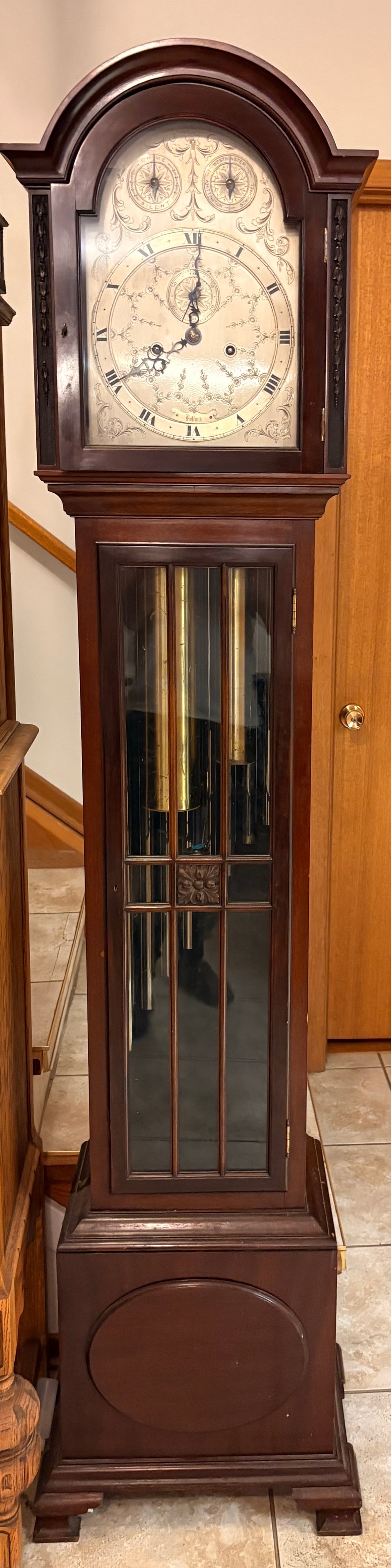 Rare 19th Century English Tall Case Grandfather Clock (Pollock): A superb and highly collectible 19th-century English tall case (grandfather) clock, signed Pollock on the engraved brass dial. Crafted in solid walnut, original and well-preserved, with a rich,