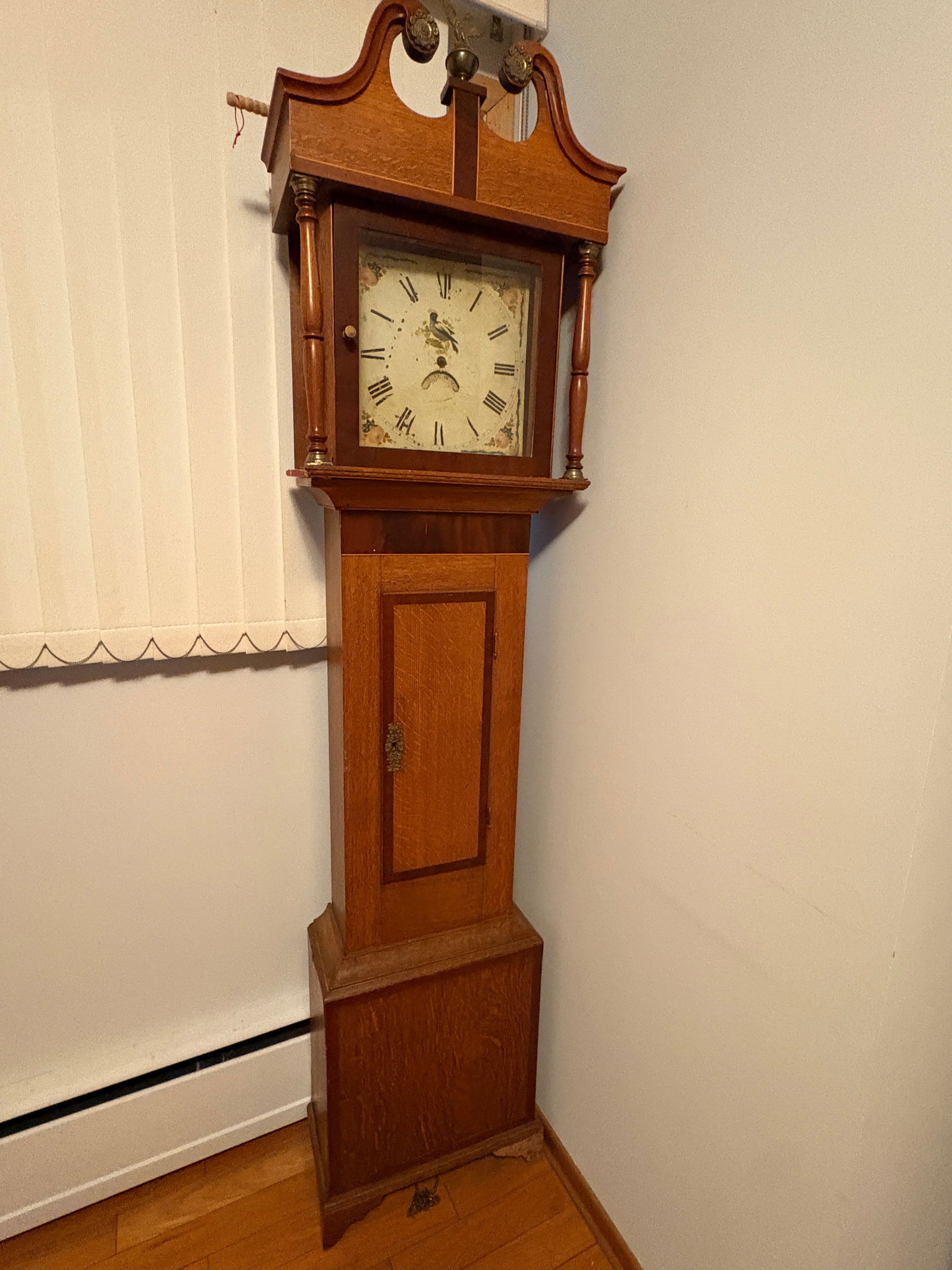 Late 18th Century English Longcase Clock with Painted Dial and Automaton Bird: An impressive and early English longcase clock, dating to the late 18th century (circa 1780–1810). Housed in a tall oak case with crossbanded door and original brass hardware, topped with a