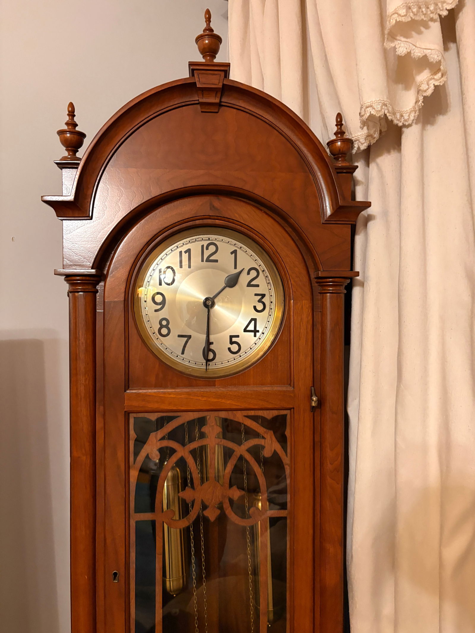 German Triple-Weight Grandfather Clock, 8-Gong Westminster: An impressive German tall-case clock featuring a three-weights, slender brass movement with a large, robust mechanism. Equipped with 8 gongs and 8 hammers, it plays a rich Westminster chime with